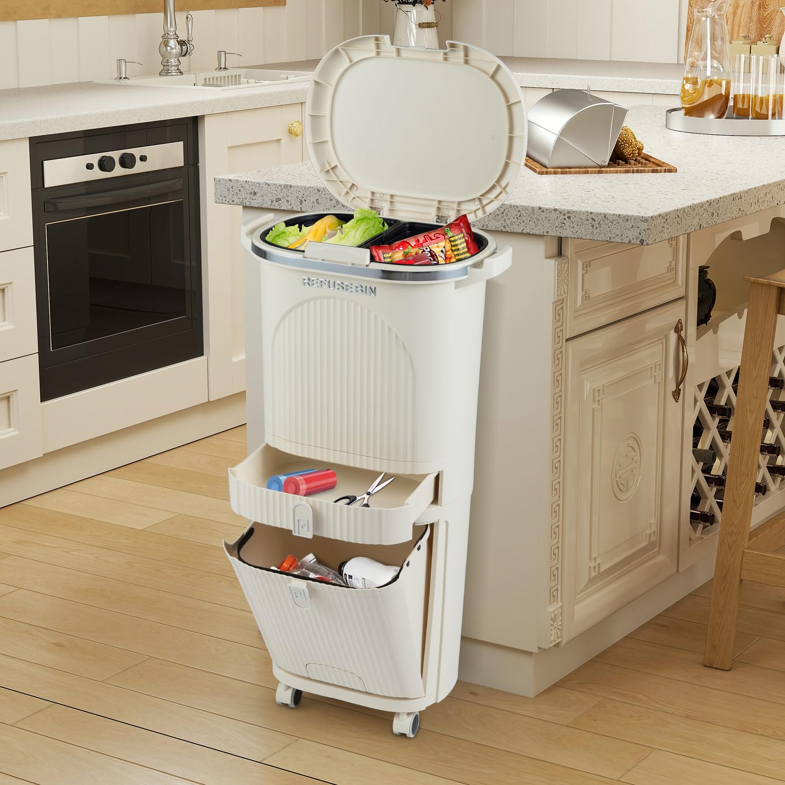 GIANTEX Pattumiera da cucina, 3 scomparti, 42 l, pattumiera con rotelle, pattumiera a pedale con pedale a piedi e maniglia, pattumiera da cucina in plastica, contenitore per rifiuti
