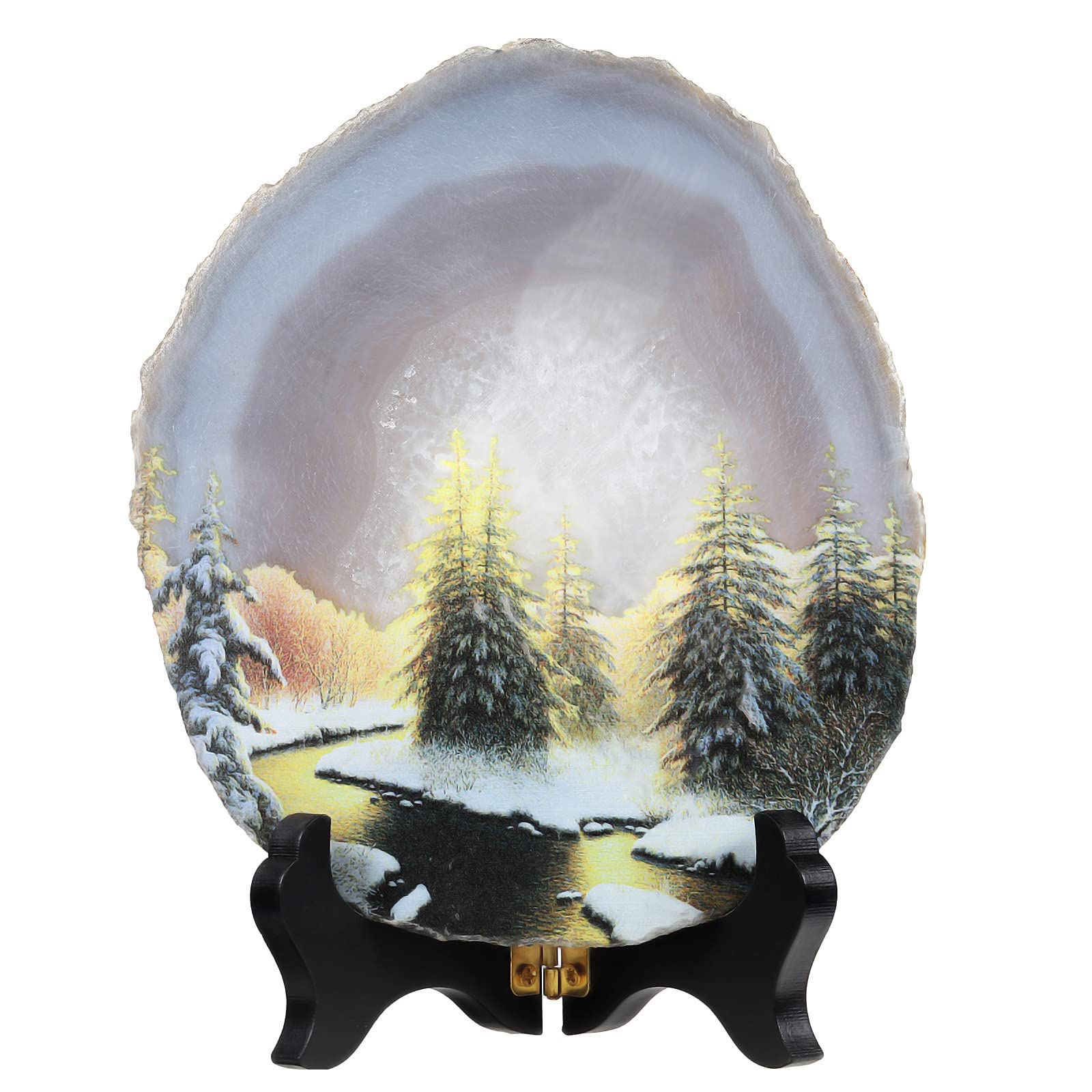 Tranche d'agate naturelle avec support en bois Nupuyai, un cadeau d'exception pour passionnés