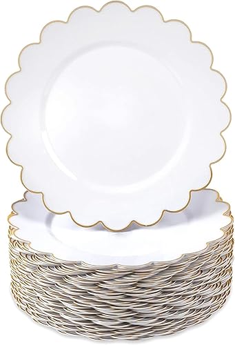 Miniatura 6 de Sparkle and Bash Platos de plástico blanco con borde festoneado dorado (9 pulgadas, 50 unidades)