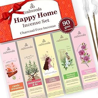 Sponsored Ad – Happy Home Incense Sticks Multipack- (5 Variants) Charcoal Free, Made from Upcycled Flowers | Insense Cozy Warm Sticks Like Vanilla Cake, Balsam Cedar, Rose & Cinnamon | Perfect Incense Gift Set