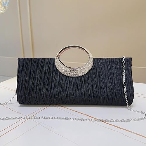 Miniatura 6 de Bolso de mano de satén plisado para mujer Bolso de noche con mango de diamantes de imitación Bolso largo formal para fiesta, novia, boda, baile