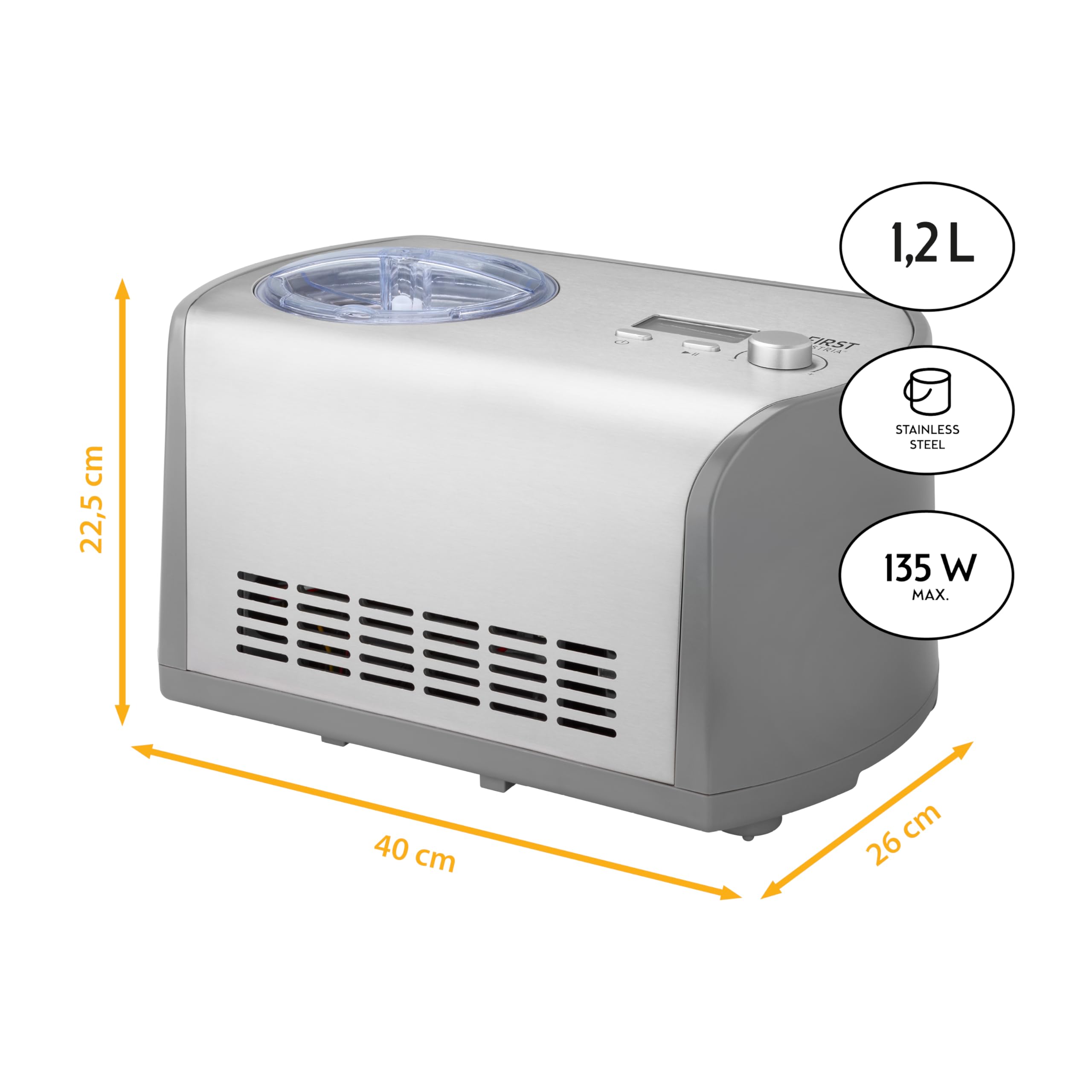 TZS First Austria Sorbetière 1,2L - 135W - Compresseur et Fonction Réfrigérante - Machine à Glace pour Crème Glacée, Sorbet ou Frozen Yogurt - Acier Inox - Gris