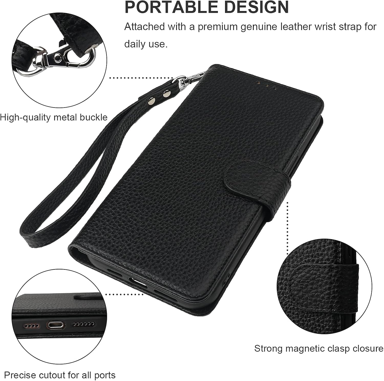 Bocasal Genuine Leather Wallet Case for iPhone 12 Pro Max Wireless Charge RFID Blocking Credit Card Holder Kickstand Folio Flip Protective Cover with Wrist Strap Magnetic Clasp 6.7 Inch (Black)