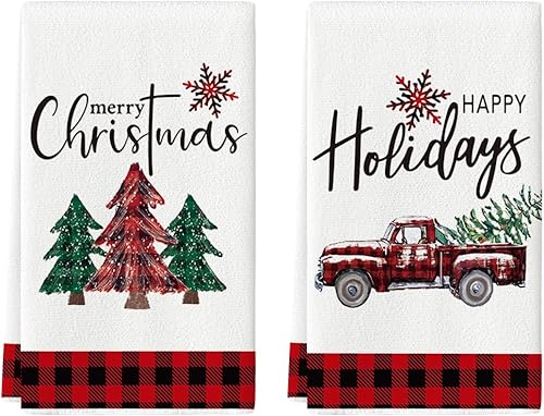 Miniatura 7 de Artoid Mode Toallas de cocina con árboles de Navidad y camión blanco y negro, 18 x 26 pulgadas, paño de secado ultra absorbente para cocinar