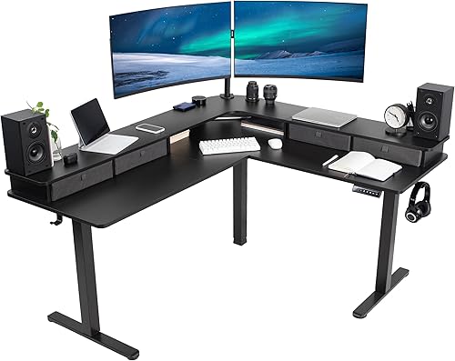 VIVO Electric 2-Tier Corner L-Shaped 63 x 55 inch Standing Desk, Height Adjustable, Memory Controller, Black Top Black Frame, Dark Gray Drawers,