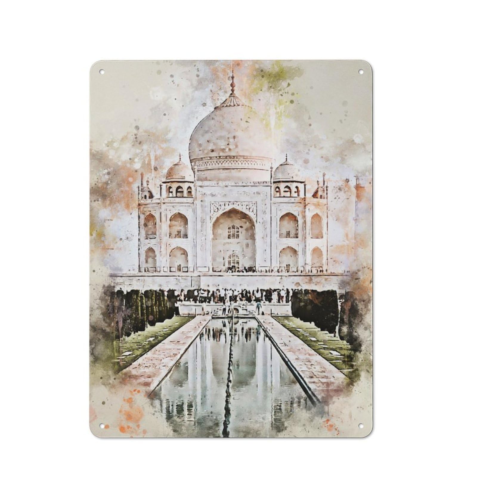 Taj Mahal in Watercolor Cottage Metal Wall Decor 40x30cm, Shed Metal Sign for Conservatory, Home Bar Or Utility Room