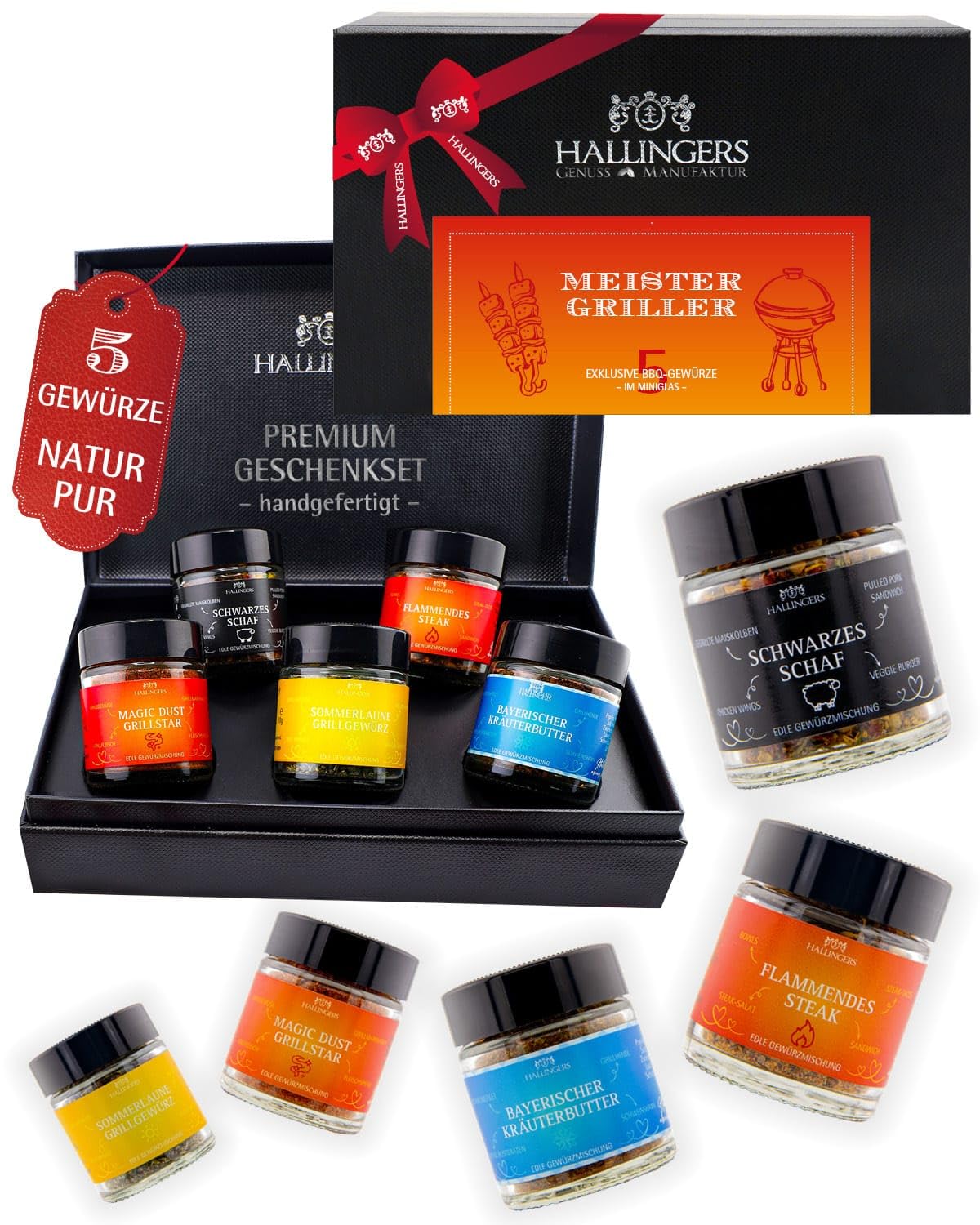 Hallingers Genuss Manufaktur Gewürz Geschenk-Set - 5 Gewürze aus aller Welt in wertiger Geschenkbox mit Rezept-Booklet "Meistergriller", Geschenkidee für Männer Freund