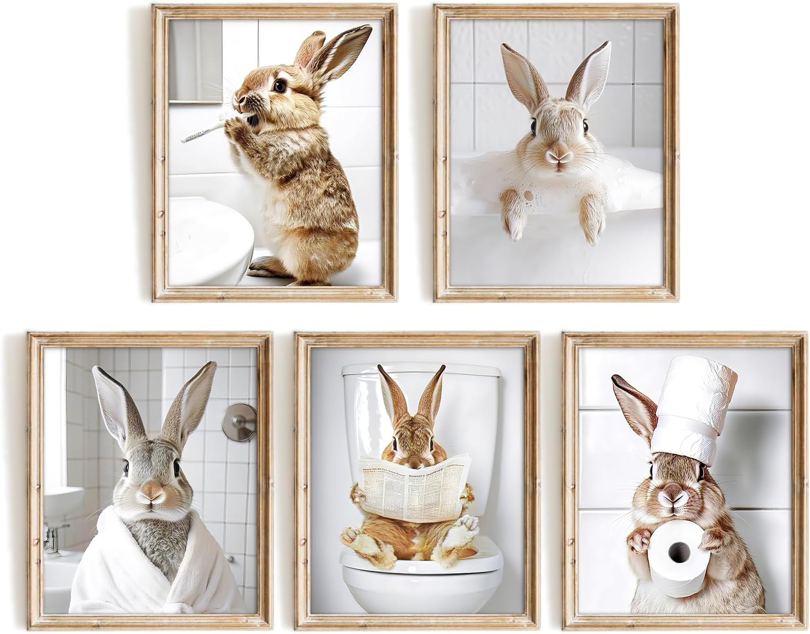 Vodefoad Funny Bunny Bathroom Wall Art 5pcs Bundle Easter Rabbit Posters Animal Toilet, Bathroom or Laundry Room, Kids Nursery Room Humor Decor Unframe 8x10 inch