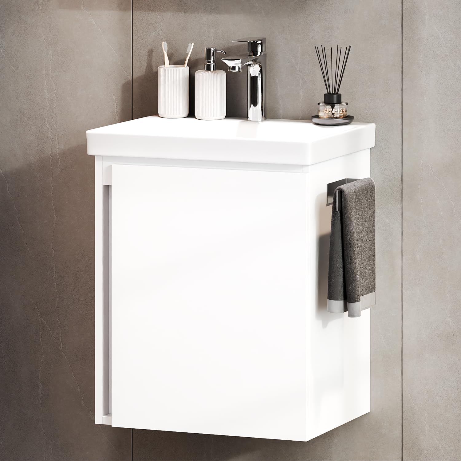 Planetmöbel Waschtisch mit Unterschrank 50 cm, weiß | Waschbeckenunterschrank hängend, Soft-Close, Badmöbel Set mit Waschbecken