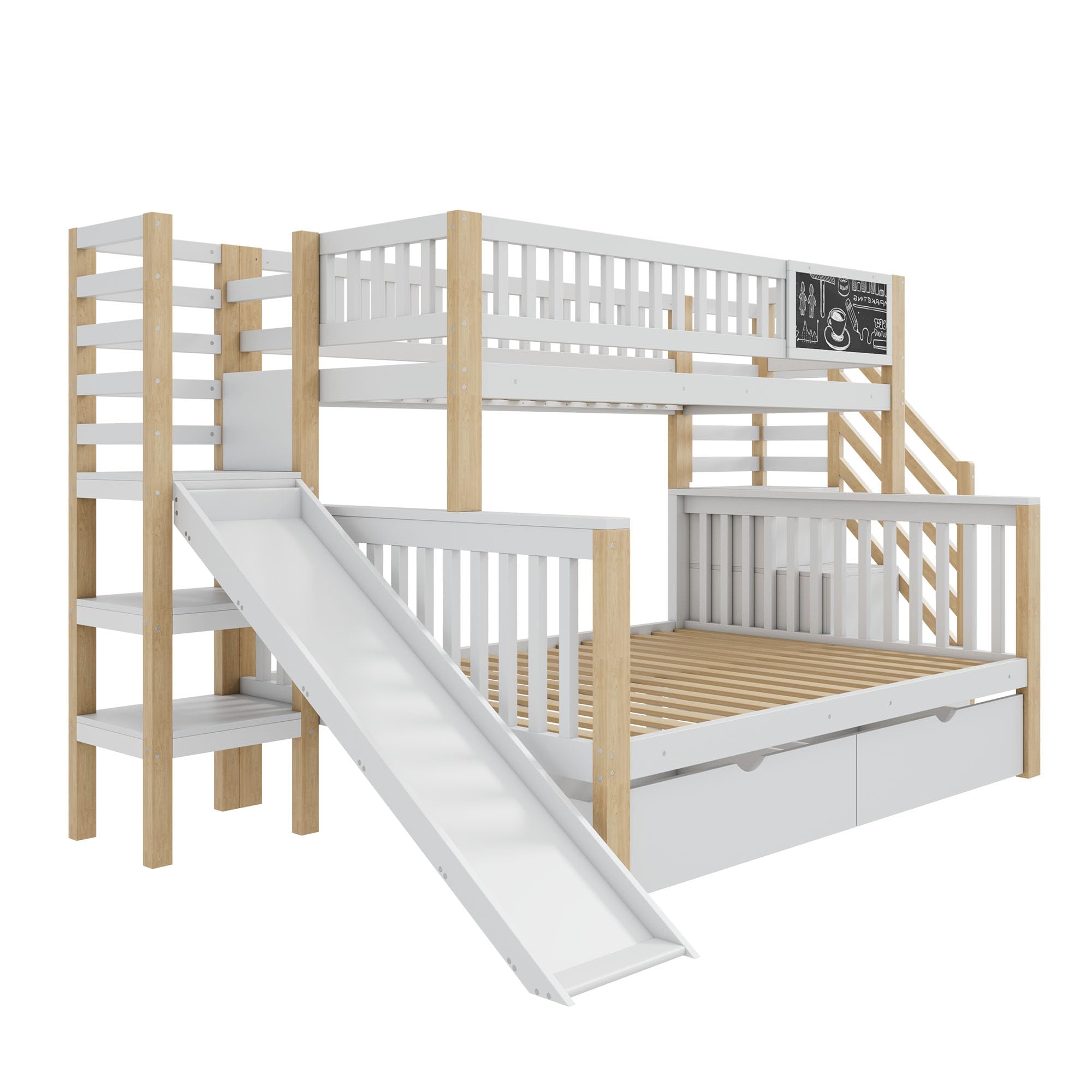 Azkoeesy Letto a Castello per Bambini con Scivolo, scala portaoggetti, 2 cassetti e lavagnetta, design modulare, parapetto sicurezza e doghe, struttura in pino, bianco e naturale, 140x200+90x200 cm