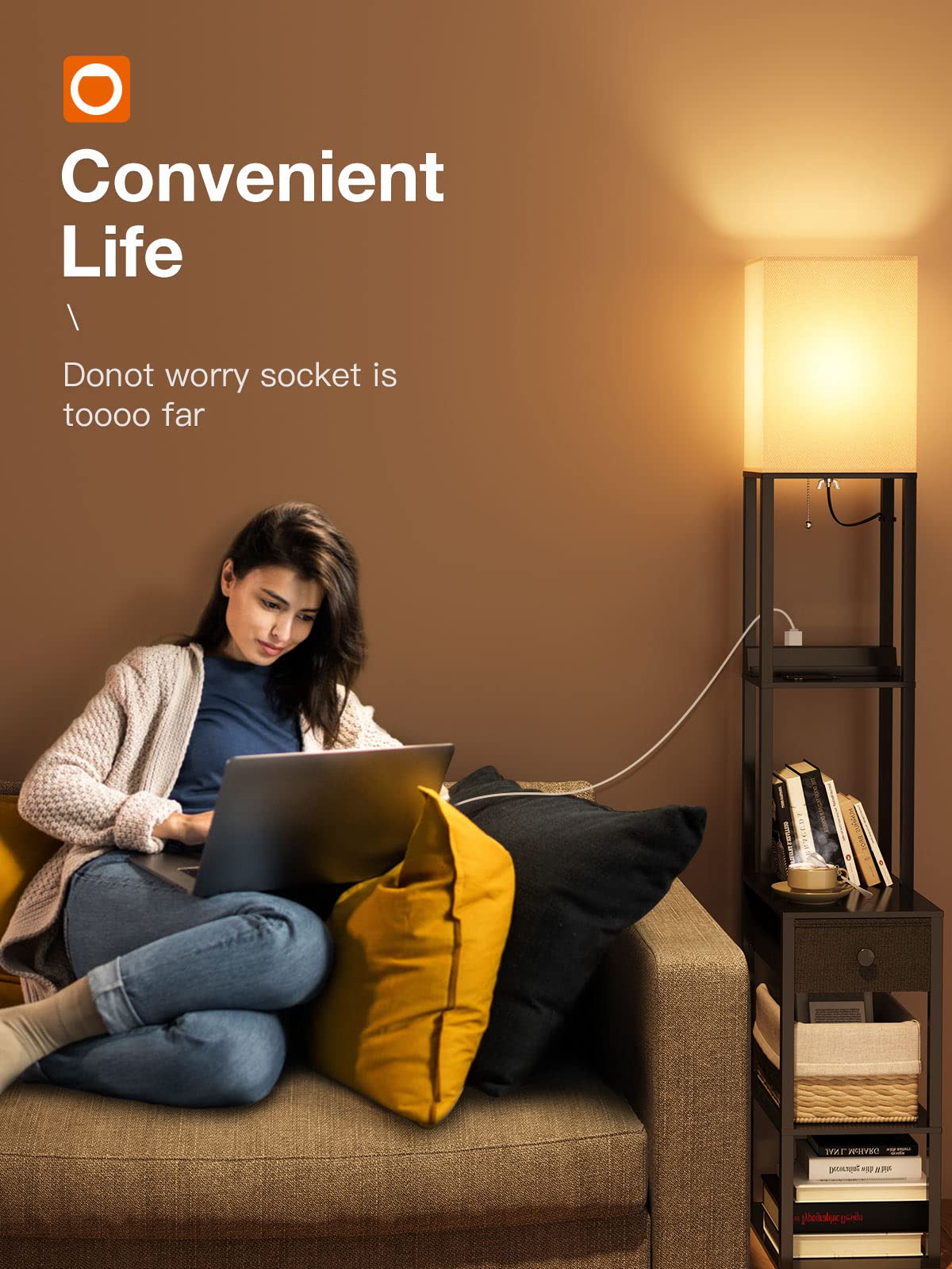 addlon Floor lamp with 2 USB, 1 Outlet and Drawer, 3 Color Temperatures LED Bulb (9W), Sofa lamp with White lampshade, Display Floor lamp with Shelves for Living Room, Bedroom and Office - Black