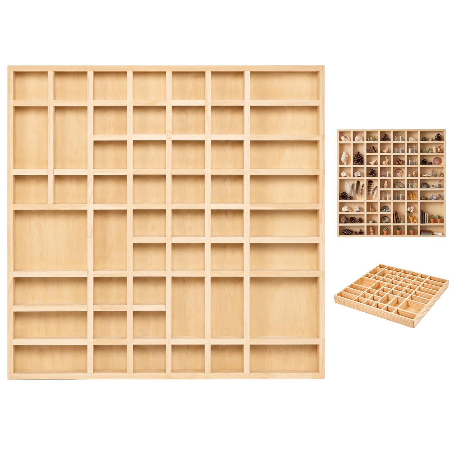 Large Wooden Trinket Display Shelf with 51 Compartments, Unfinished Wall Cabinet for Collectables, Essential Oils, Jewellery, Toy Cars & Small Keepsakes, Natural Wood Storage Unit