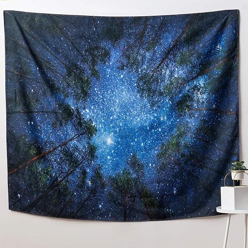 Miniatura 2 de IcosaMro Tapiz de bosque para colgar en la pared, noche estrellada, cielo azul, decoración de pared (bordes semillados) para dormitorio, sala de