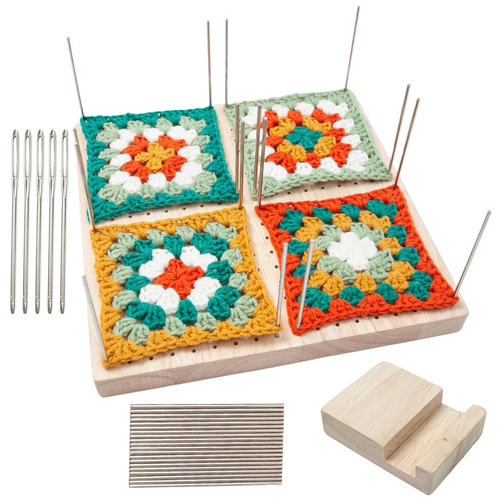 Kit Blocco Per Uncinetto Con Base In Legno – 10 Perni In Acciaio, 5 Aghi, Tavola 19,5 Cm, Per Quadrati Nonna E Maglia