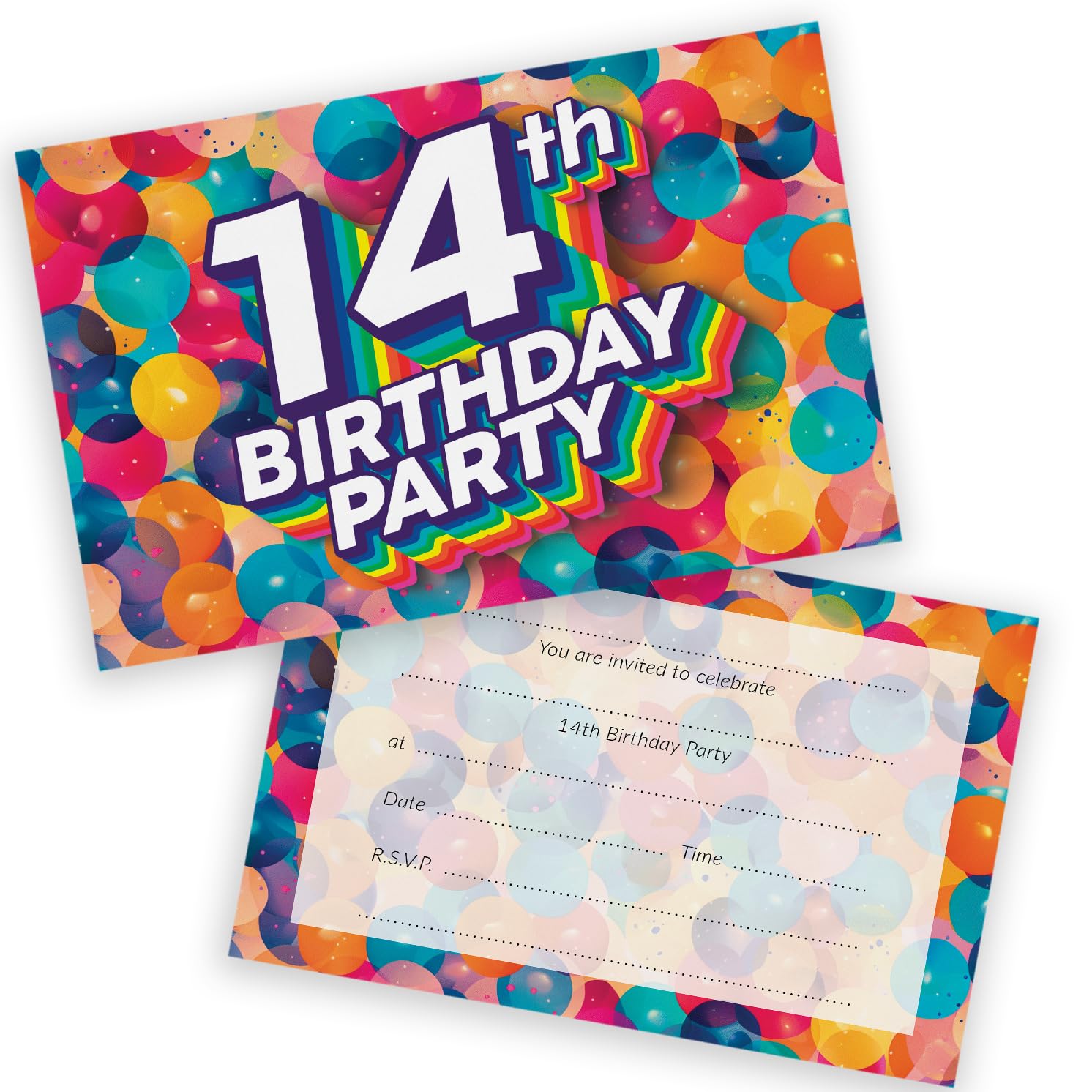 14th Birthday Party Invitations Teenager - Rainbow Balloons 20 Pack - Childrens Birthday Invitations for Boys/Girls A6 Bday Party Invites Invitation Cards with Folding Envelopes