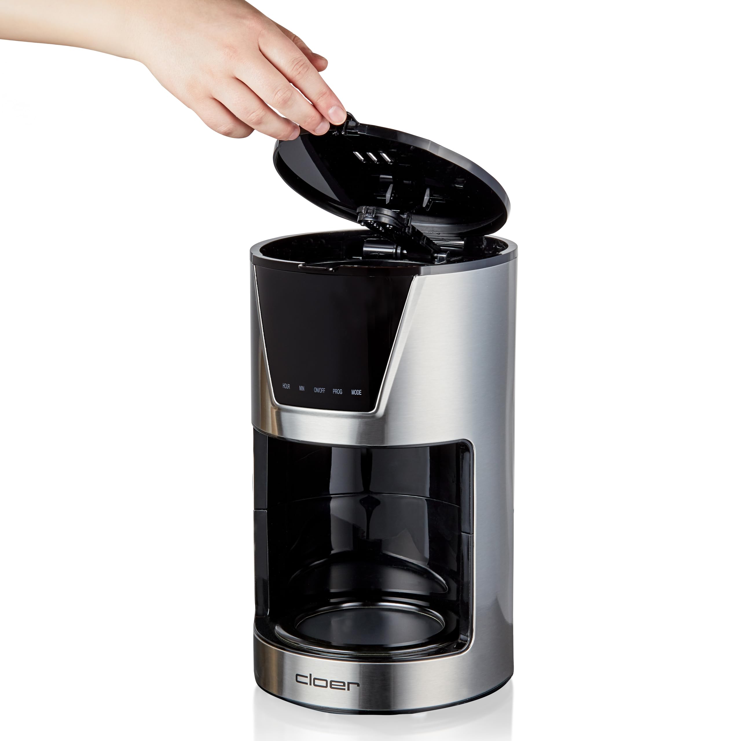 cloer 5258 Cafetera de filtro para 10 tazas, función de mantener caliente, Cuchara medidora, Niveles de aroma seleccionables, pantalla táctil LCD, temporizador, tamaño del filtro 1 x 4, 800 W
