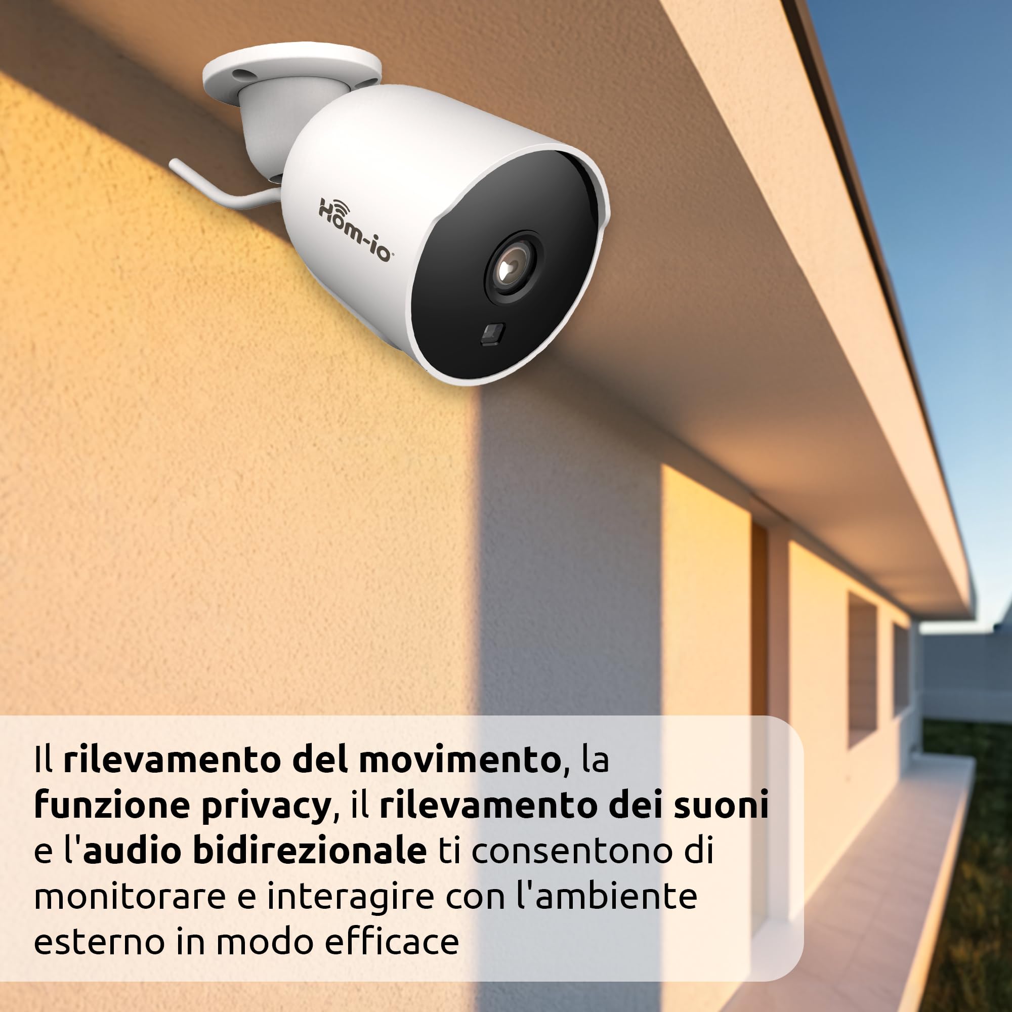 Hom-Io | Telecamera WiFi Esterno e Interno Bidirezionale, Videocamera di Sicurezza con Rilevamento Intelligente del Movimento, Modello OUTDOOR3 senza fili