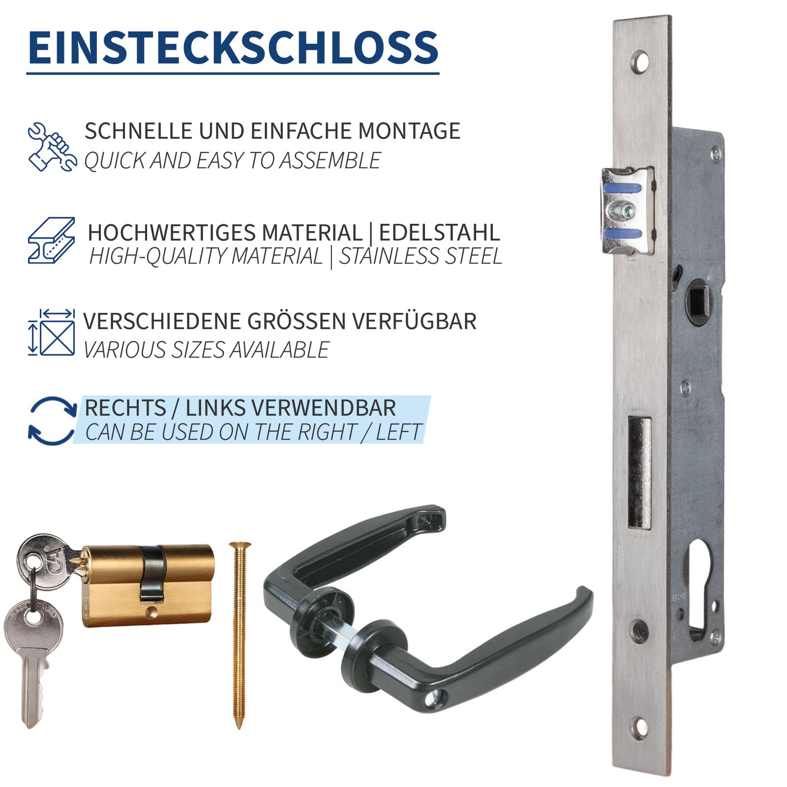 ATTAS Serrure à larder avec cylindre profilé et paire de poignées - Kit complet pour portail battant - Distance au canon : 25 mm - Convient pour portes de jardin, portails - Fonction interchangeable
