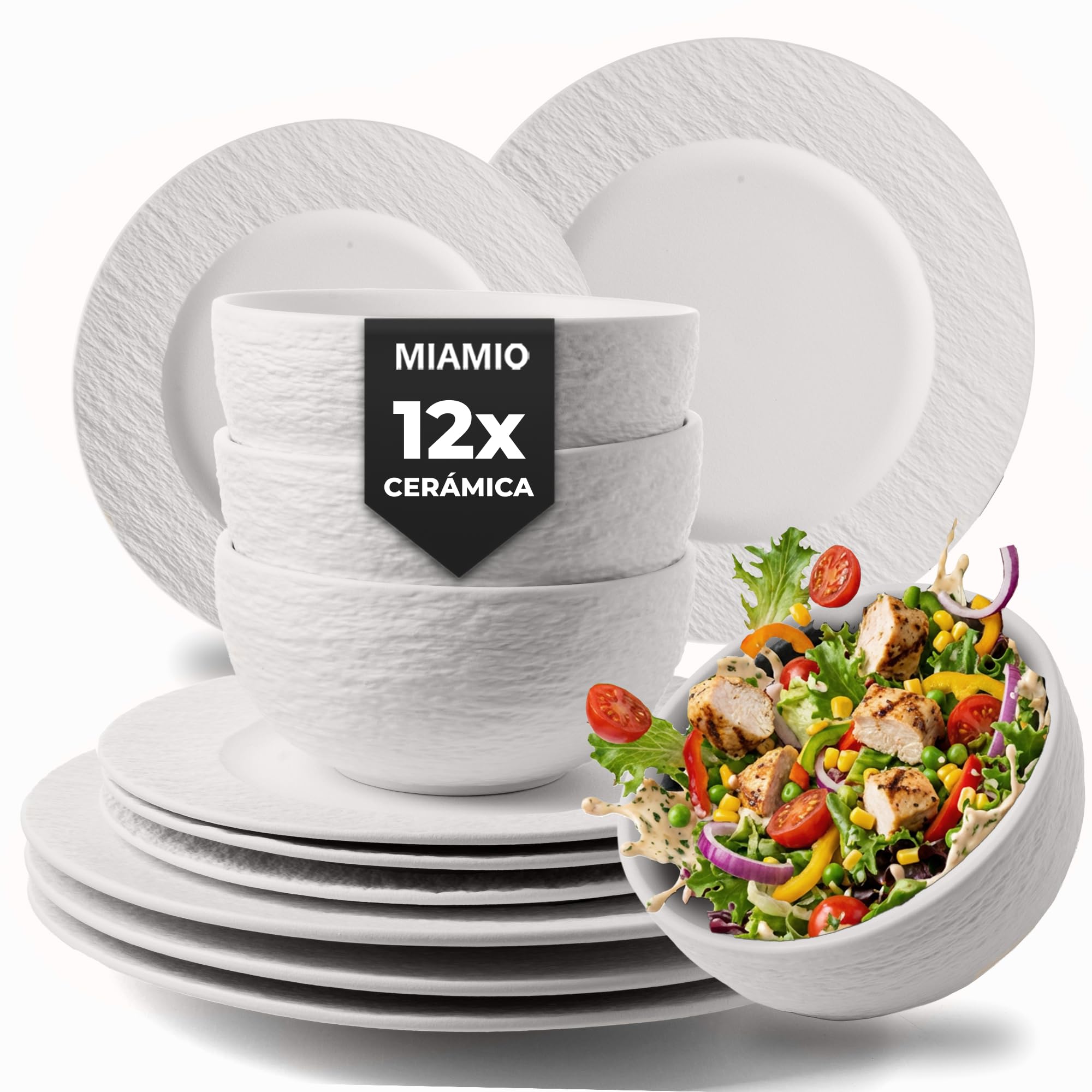 MIAMIO - Vajilla Completa 12 Piezas, Juego de Platos Cerámica, Cuencos, 4x Platos Llanos 28 cm, 4x Platos Postre 23 cm, 4x Boles 750 ml - Apto para Microondas y Lavavajillas - Colección Oasis (Blanco)