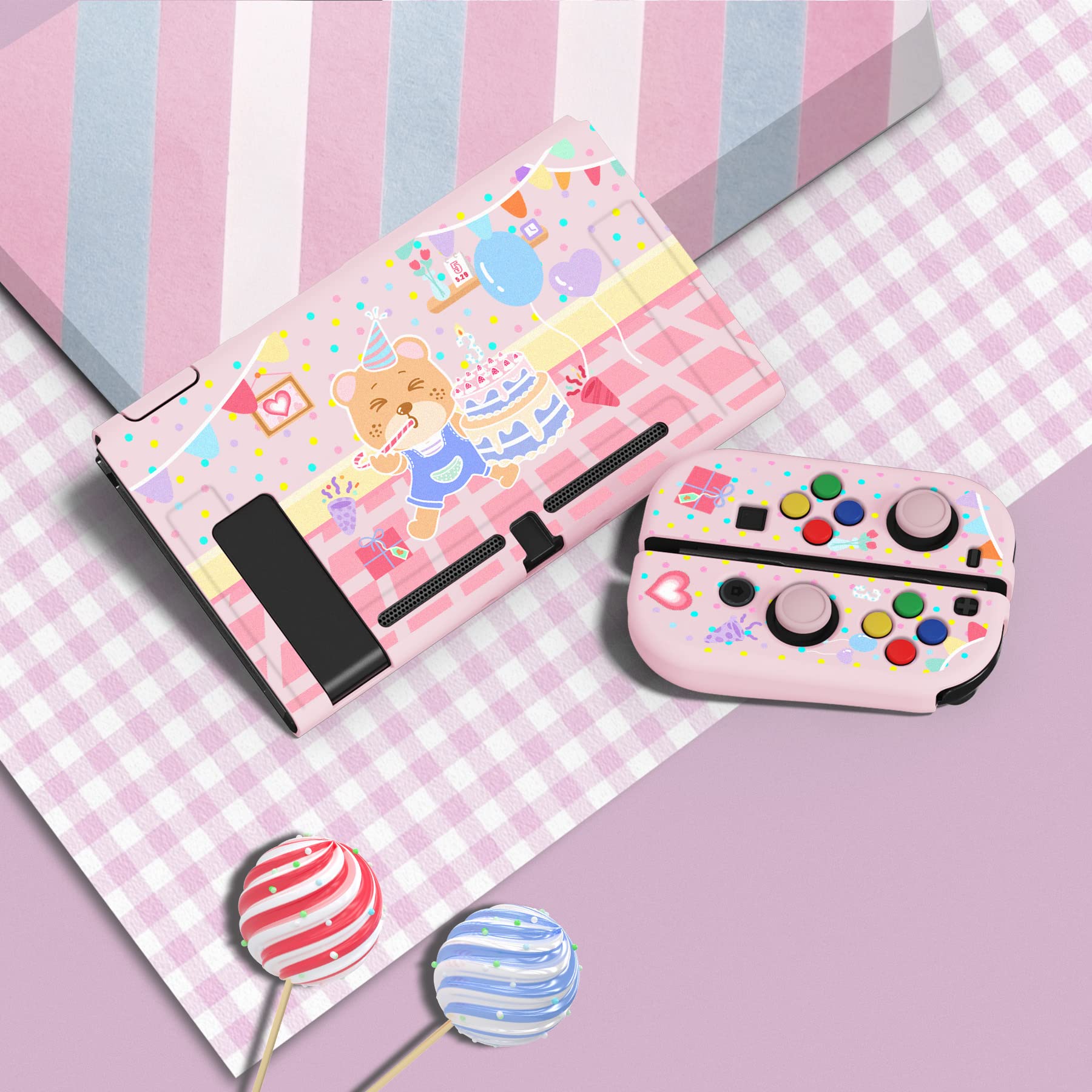 PlayVital ZealProtect Weiche Schutzhülle für Nintendo Switch Konsole Joy Con, Case Hülle Cover Zubehör für Switch mit HD Klar Schutzfolie&Sticks Kappen&ABXY Richtungstastenkappen(Geburtstagsparty) - 4