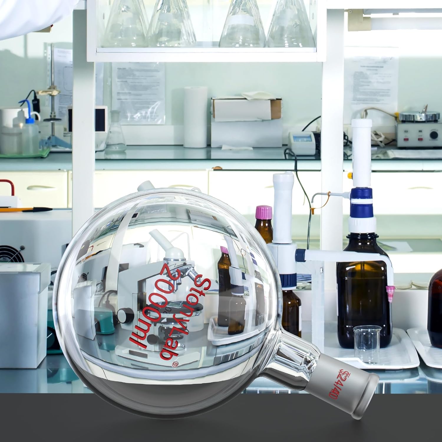 StonyLab 2000 ml Glass Single Neck Round Bottom Flask RBF, with 24/40 Standard Taper Outer Joint, 2 L (2 Liter)