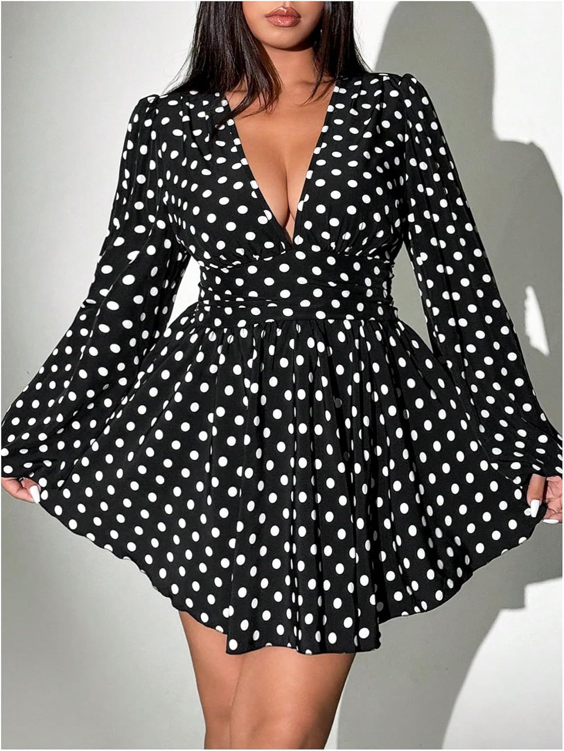 Women's Plus Size Polka Dots Mini Dress Deep V Neck Long Sleeve A Line Fall Dresses - Image 5