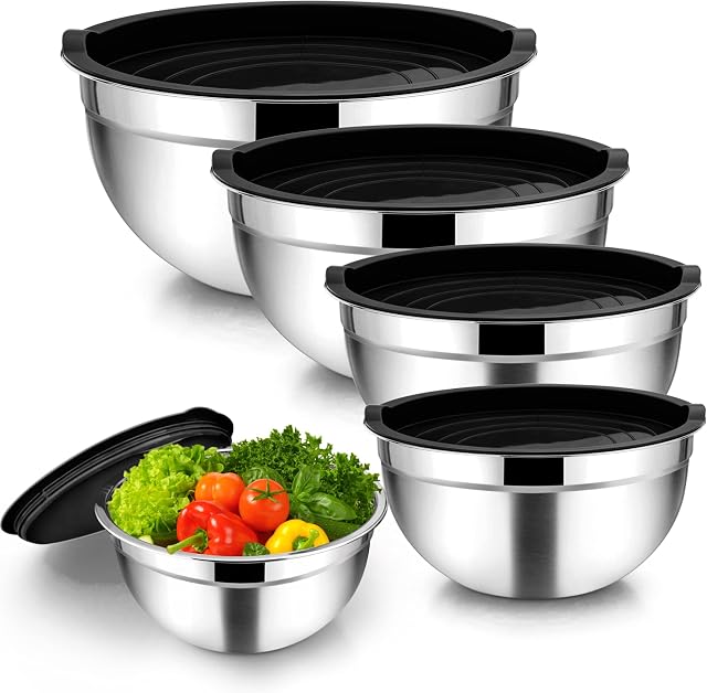 Homikit Rührschüssel, 5 Stück Schwarz Edelstahl Schüssel Set mit Deckel | Salatschüssel mit Luftdicht Deckel für Küche, 4,5L, 2,7L, 1,5L, 1,2L, 0,7L, Stapelbar, Vielseitigkeit, Spülmaschinenfest