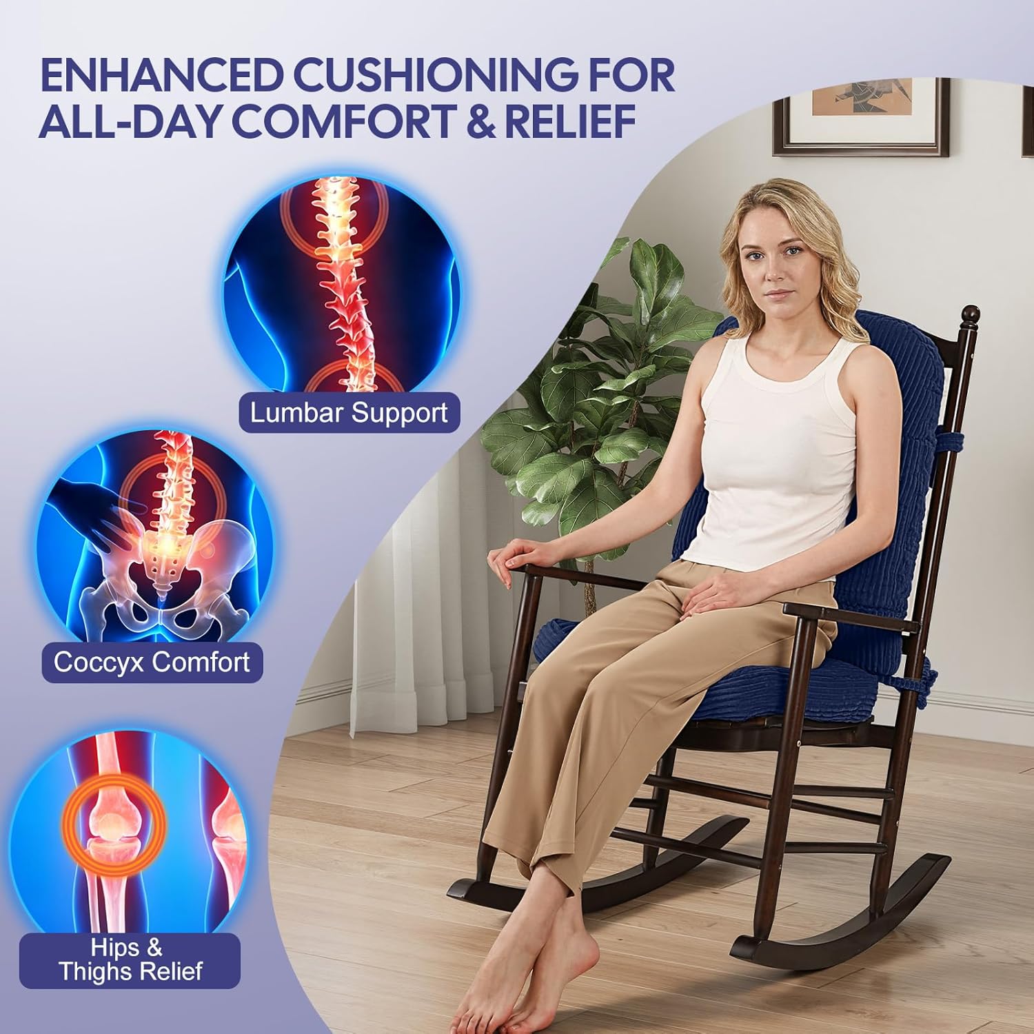 idee-home Rocking Chair Cushions Indoor, Glider Rocker Replacement Cushions with Removable Corduroy Cover, Wooden Rocking Chair Pad High Back, Non-Slip Bottom Tufted Seat Pads with Ties, Navy