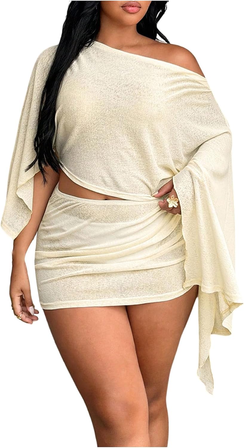GORGLITTER Women's Plus Size Summer Sets Dolman Sleeve Off Shoulder Poncho Top and Mini Skirts Set 2pc Vacation Outfits
