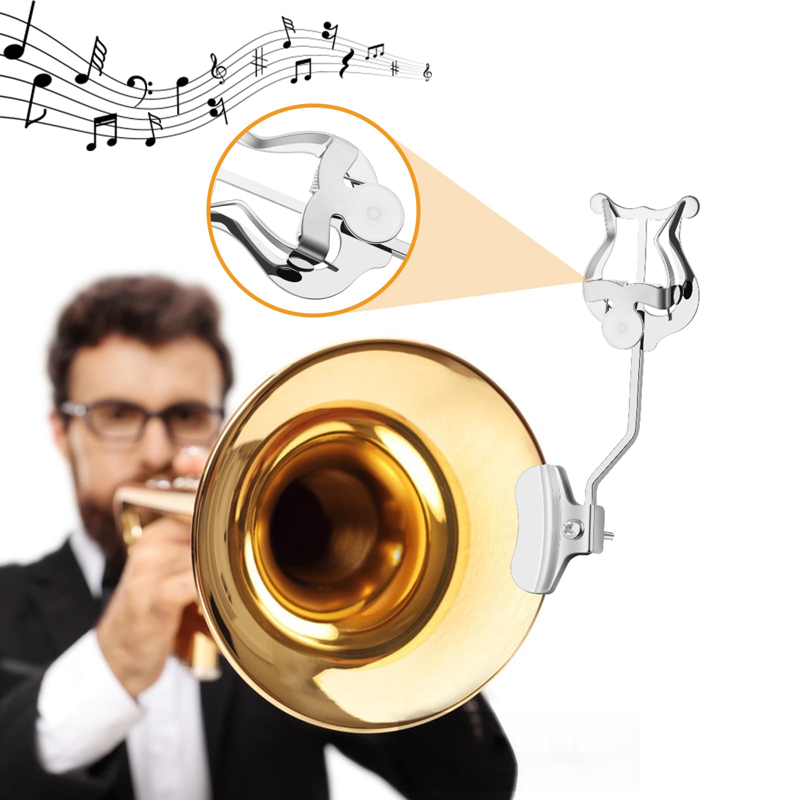 Lira de trombón, paquete de 2 soportes plateados para lira de trombón para banda de marcha, clip de trombón de 6.89 pulgadas y carpeta abatible, accesorios de instrumentos musicales generales