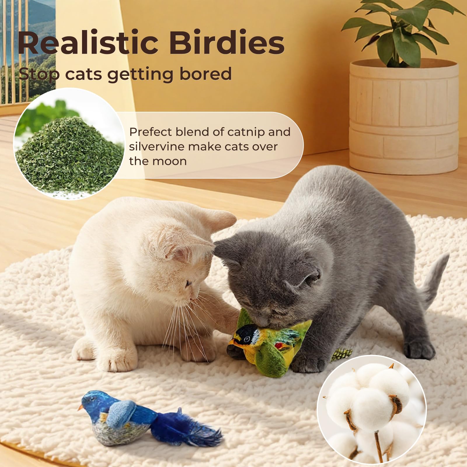 2er-Pack Katzenminze-Spielzeug, das den natürlichen Jagdinstinkt der Indoor-Katzen stimuliert. Interaktives Plüsch-Vogelspielzeug mit realistischen Zwitscher-Geräuschen, um Ihre Katze zu necken