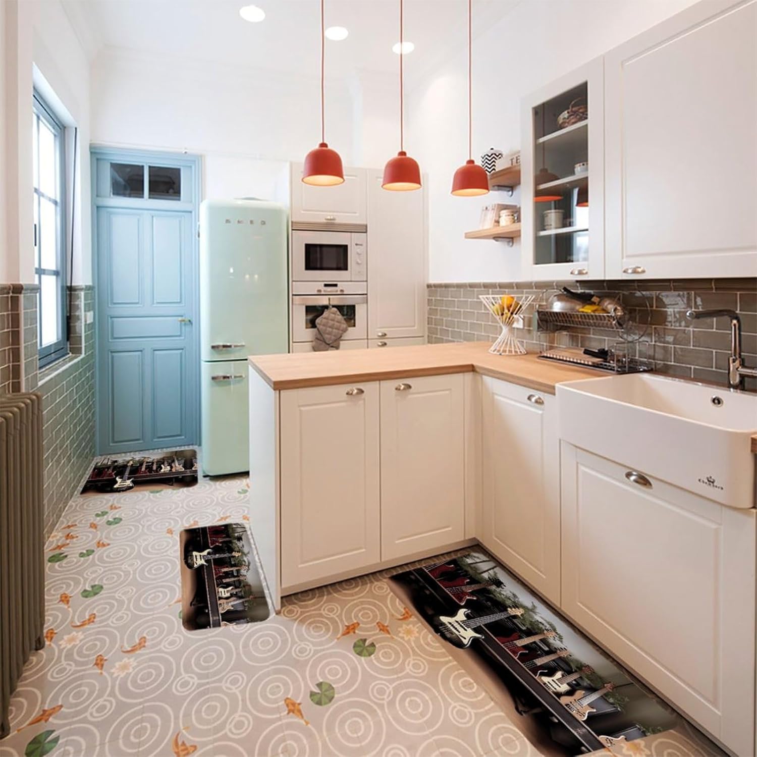 Guitar Bass Music Musical Instruments Kitchen Mat Set of 3 Waterproof Floor Mats Non-Slip Kitchen Rugs Premium Flannel Rug Heavy Duty Standing Mat for Kitchen Home Bathroom Laundry