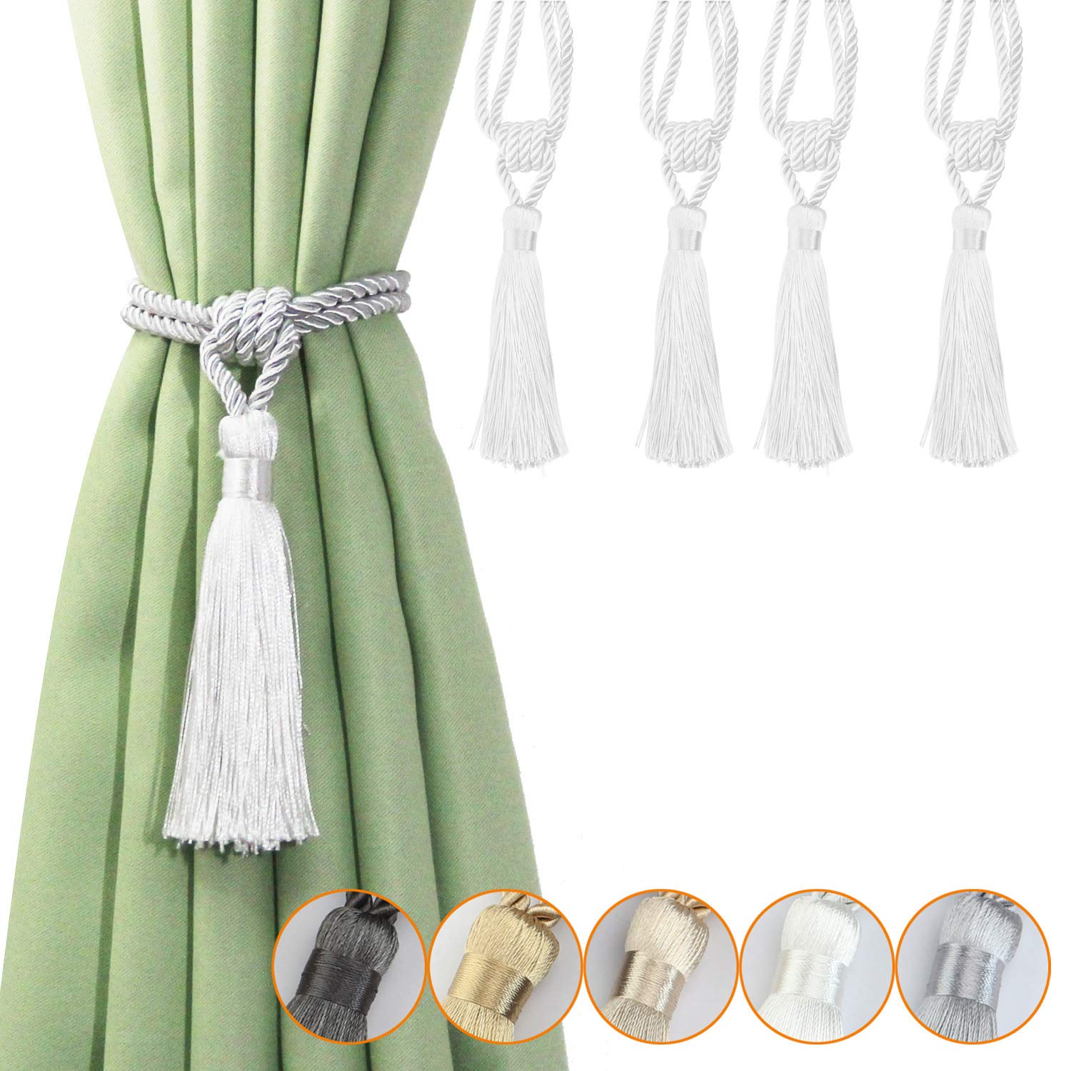Tassel Curtain Tiebacks， Braided Tassel Curtain Tiebacks, 4 Pack, Multicolor, Home Office Decor(Wit)