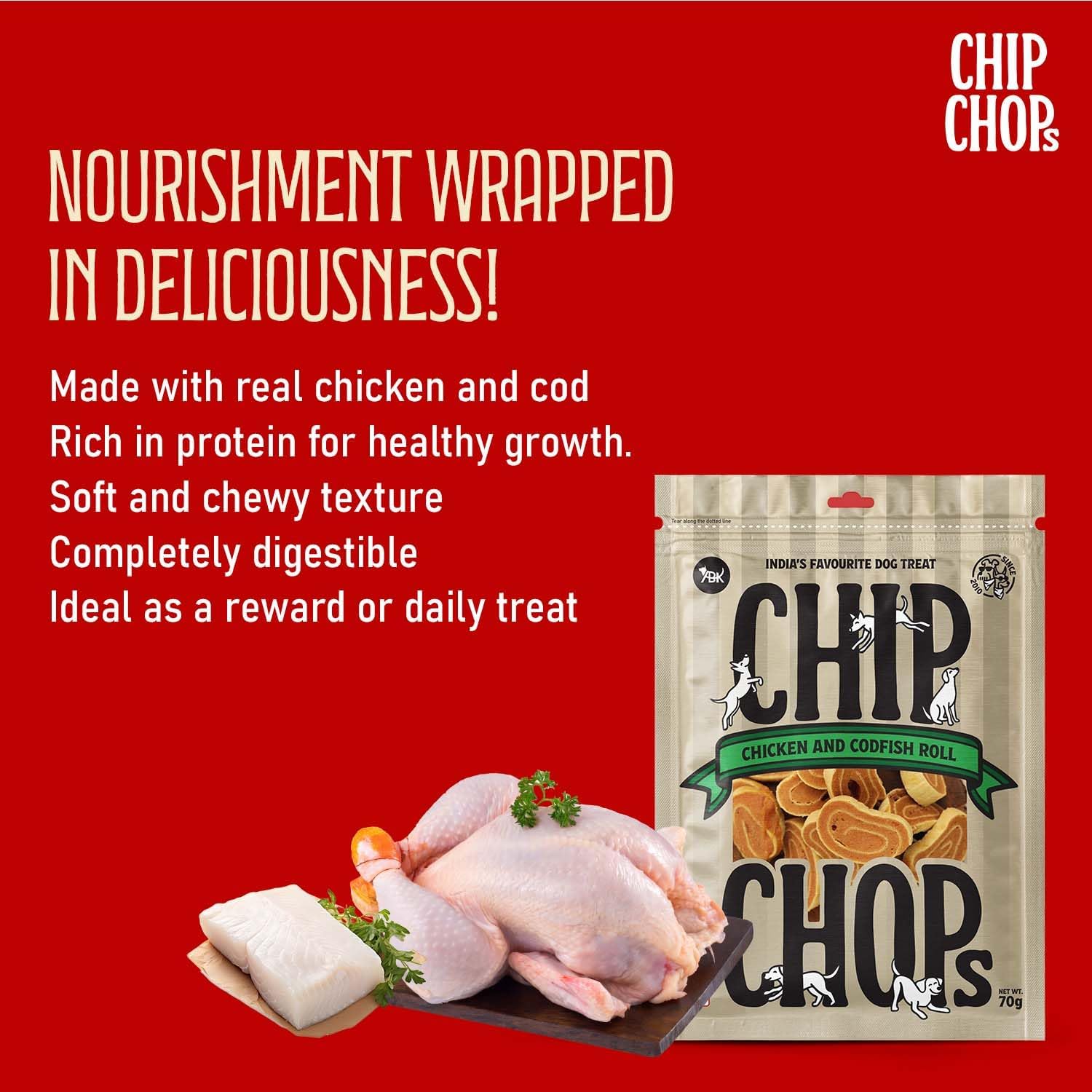 Chip Chops Chicken and Codfish Rolls Dog Snacks, 70 g