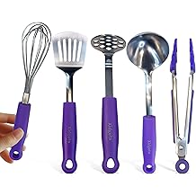 Stainless Steel Mini Utensil Gadget Set 5 pcs. Heavy-duty essentials mini whisk, masher, tongs, turner, ladle. Sleek, minimalistic, well-made in compact, fun sized. Plum Purple