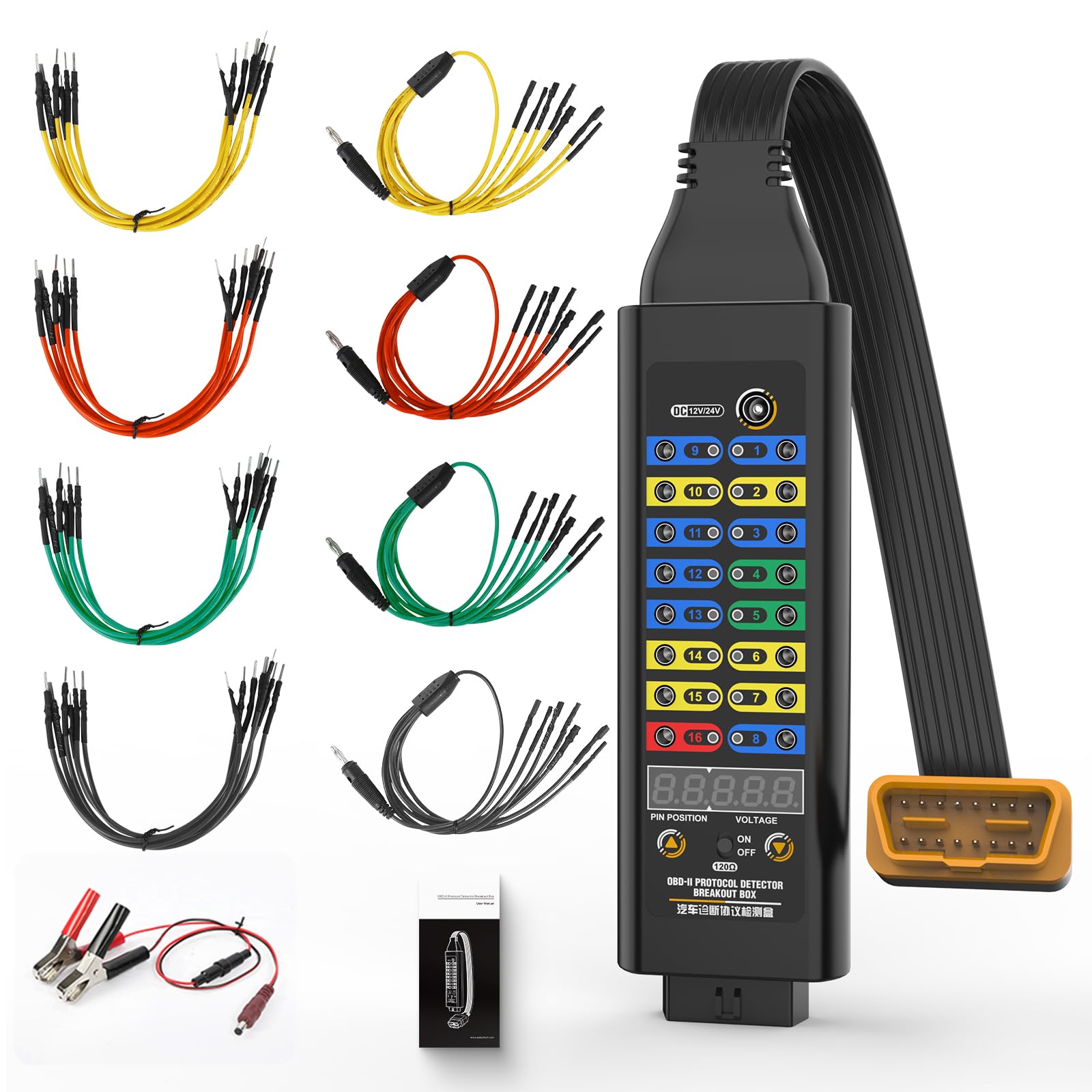 OBD2 Breakout Box, 16-Pin OBD II Protokoll Detektor, CAN Bus Schnittstelle mit Spannungsanzeige, LED Statusleuchten, 120 Ohm Widerstand, ECU Memory Saver, fur 12V und 24V Fahrzeuge