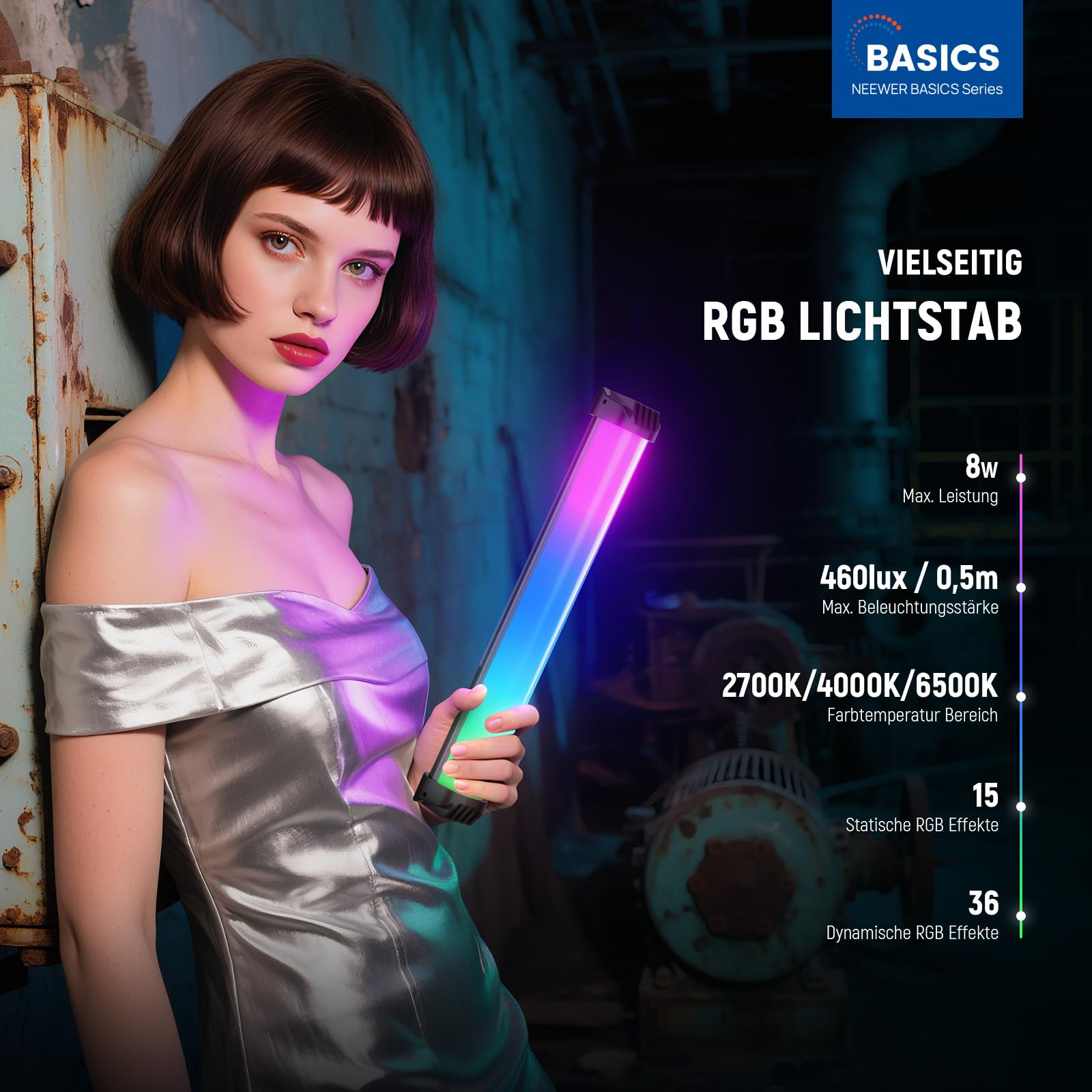 NEEWER Basics 12" Magnetischer RGB Lichtstab, CRI95 dimmbarer 8W LED Handheld Videoleuchtstab mit 51 RGB Modi, 2000mAh Akku für YouTube, TikTok, Kamera Streaming, Studio Videoaufnahmen, SL30