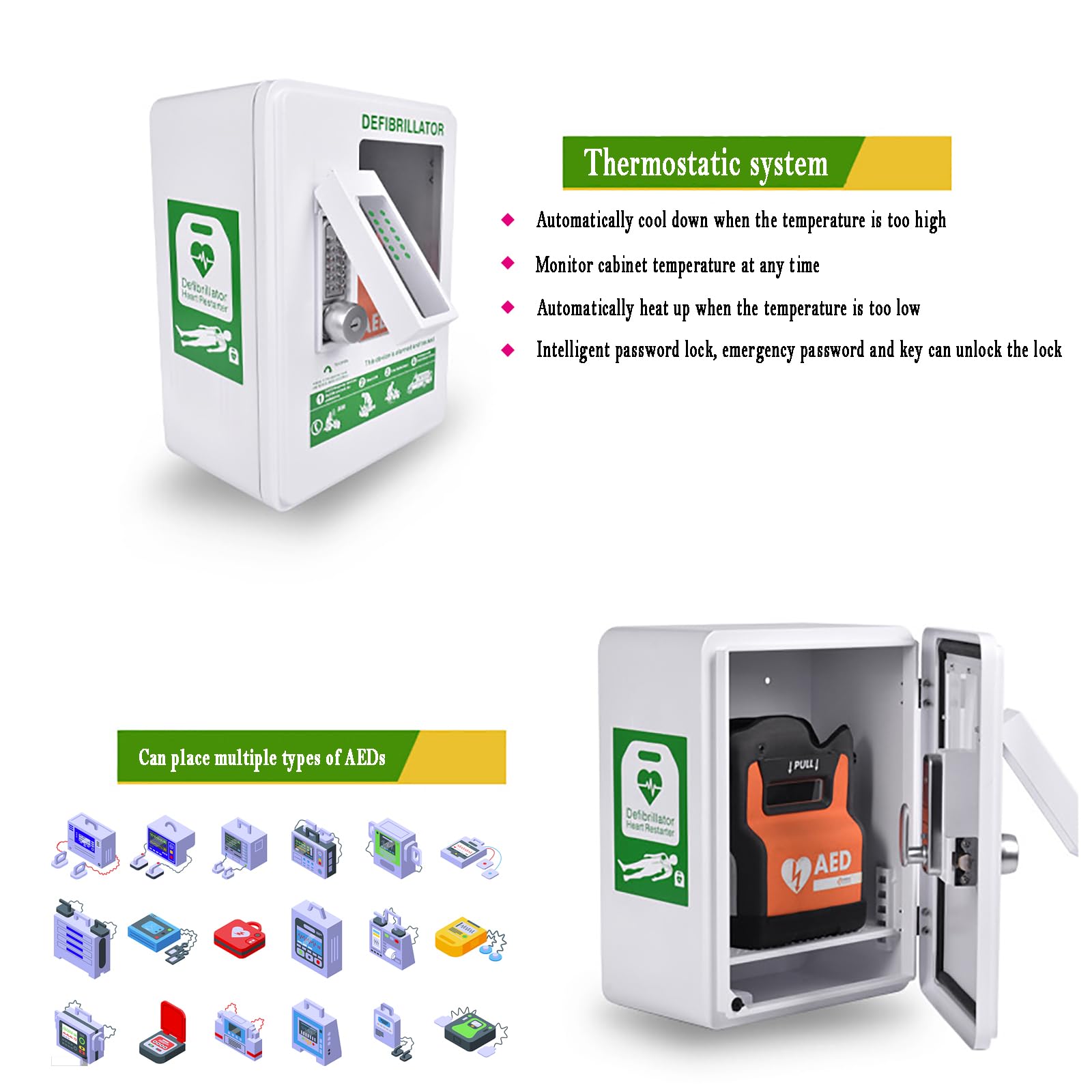 AED Aufbewahrungsschrank mit Temperaturkontrollsystem und Passwortsperre, wasserdichtes und korrosionsbeständiges Design, kompatibel mit mehreren AED-Modellen