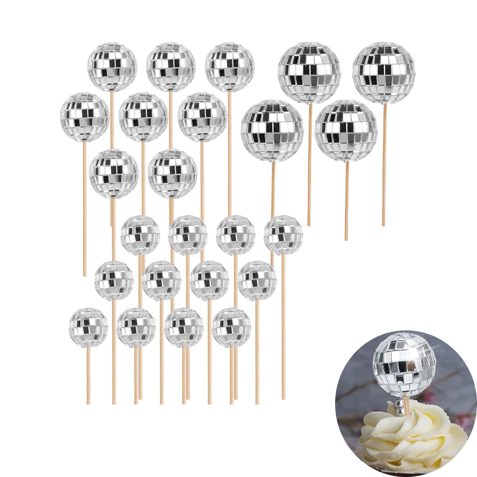 Disco Ball Cake Decorations,24 Pcs Mini Discos Balls for Cakes Glass Mirror Discos Ball Cakes Topper with Wooden Sticks Silver Cake Balls for Party Cupcake Dessert Decor 70/80/90er Retro Theme