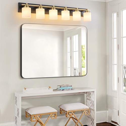Miniatura 323 de 3 lámparas modernas de baño sobre el espejo, luces de tocador de oro negro para apliques de pared de baño con pantallas de vidrio blanco lechoso