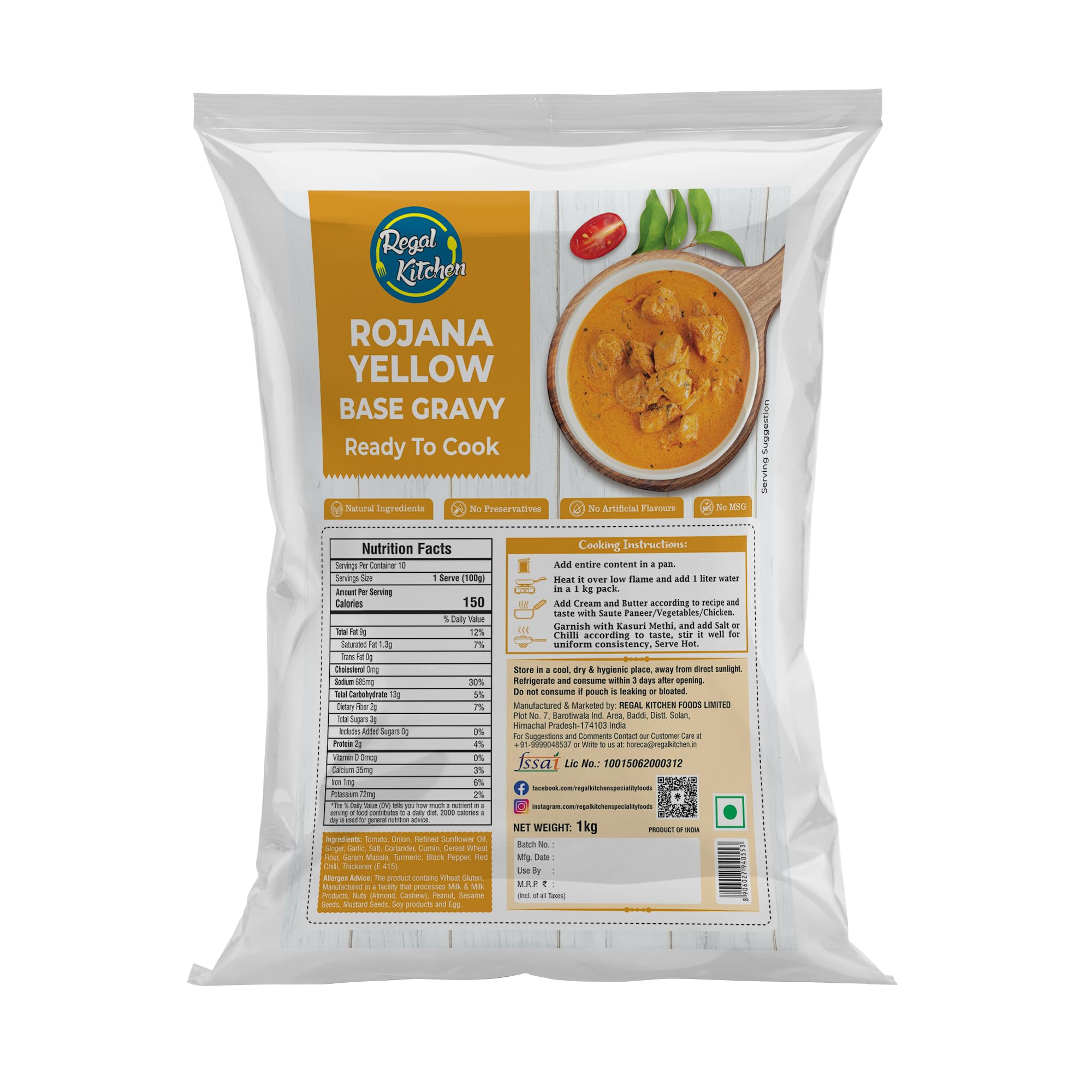 Regal Kitchen Desi Swaad Rojana yellow base All-Purpose Gravy 1 Kg l Restaurant Style, Master Chef Choice Gravy l Ready To Cook l Use as base for Paneer Zafrani, Aloo Mutter, Shahi Paneer, Dum aloo Gravy I 100 % Veg