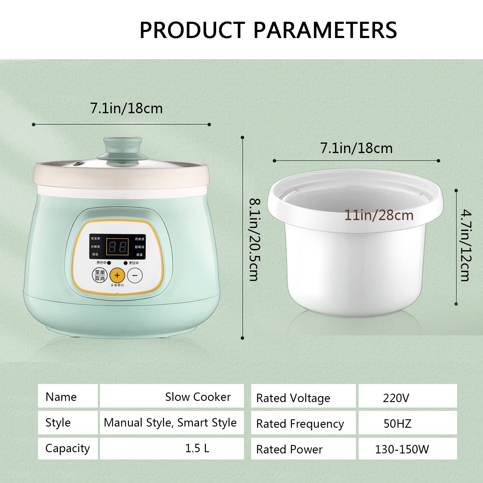 Olla cocción Lenta Digital 1,5 l con Revestimiento cerámica, Olla multifunción para cocinar al Vapor, Olla eléctrica Inteligente para hogar con función Reserva 10 h y 6 configuraciones cocción
