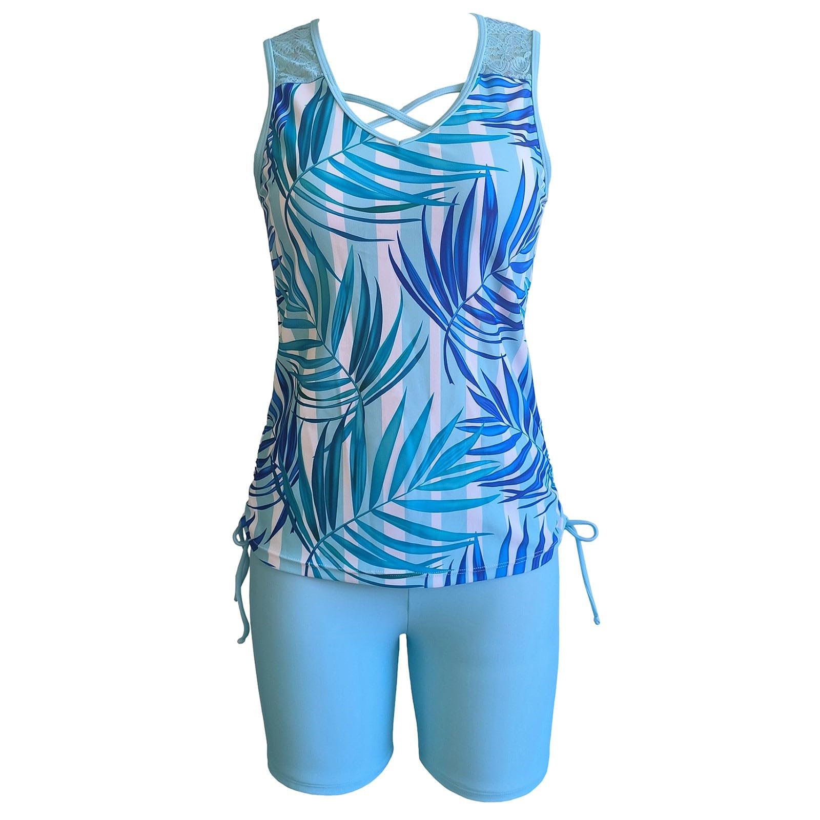 Maillot de Bain Deux pièces Grande Gainant imprimé Floral Tunique Assortie Haute couvrance Confortable pour Femmes Vacances Estivales Plage été Soutien Ventre Plat élégant Moderne (Blue, XL)