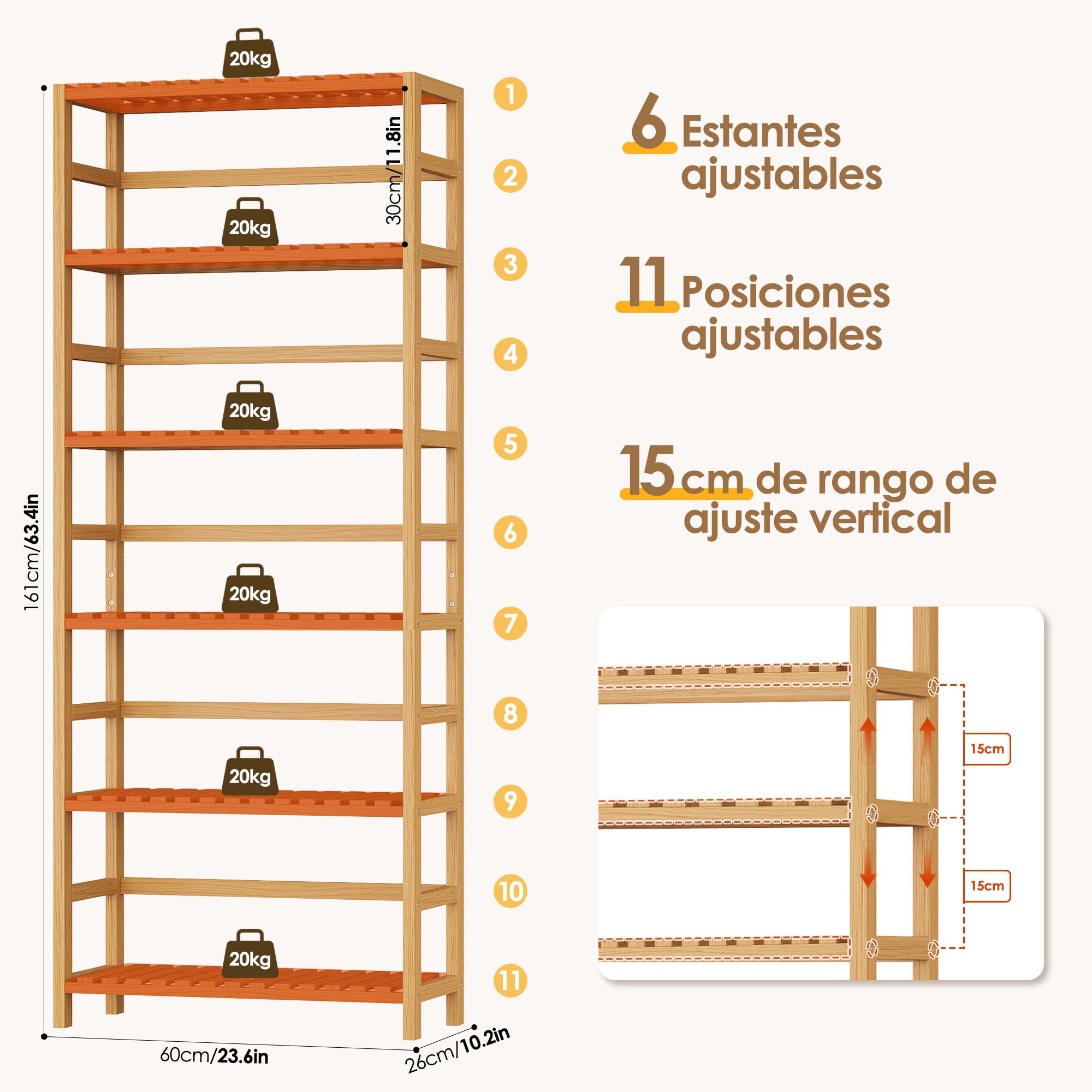 FOREHILL Estantería Bambú Baño de 6 Niveles, Estanterías Almacenaje Cocina | Eestantería Baño, Estantería de Almacenamiento, para Espacios Estrechos, 11 Posiciones Ajustables, Natural/Blanco 60x26x161cm
