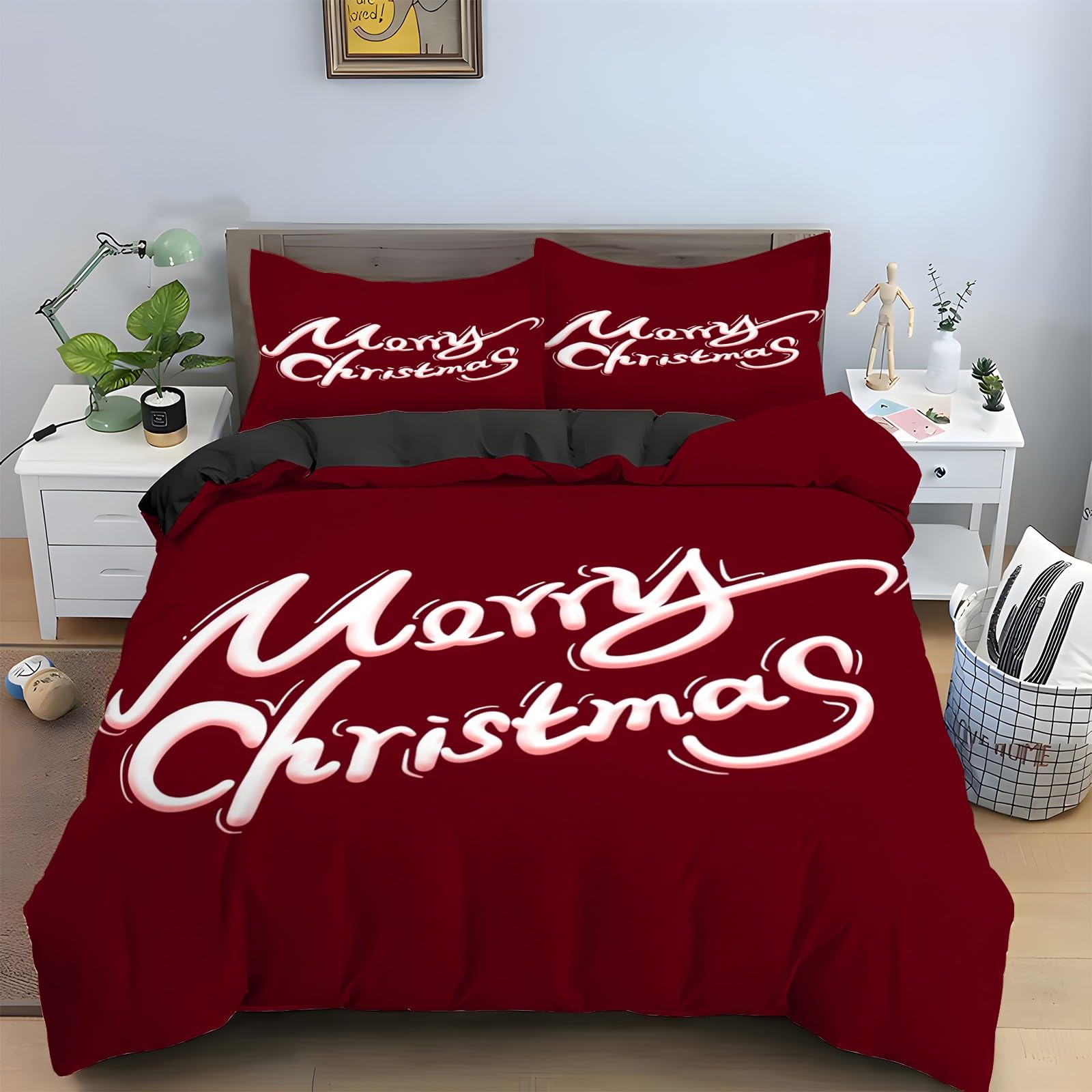 Housse de couette microfibre 160x200 douce fermeture éclair ensemble literie Noël 3 pièces