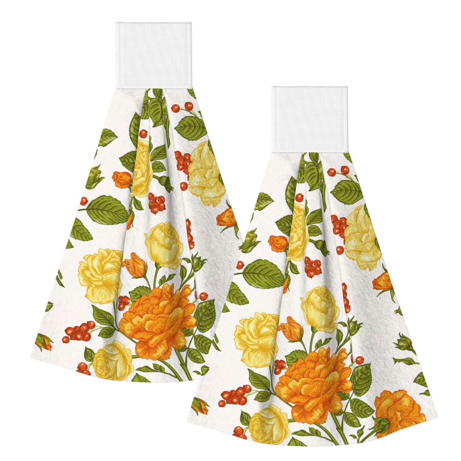 DOPKLNA Yellow Flower Peony, 2 Pcs Hanging Coral Fiber Hand Towels for Bathroom, Absorbent Kitchen Towels