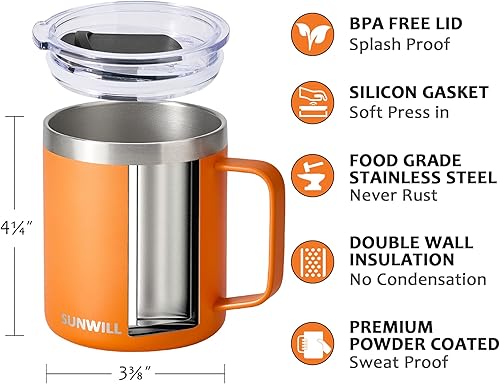 Vista 2 de SUNWILL Insulated Coffee Mug with Lid, Travel Tumbler with Handle, 14 oz Stainless Steel Cup for Camping, Office, Home, Powder Coated Orange