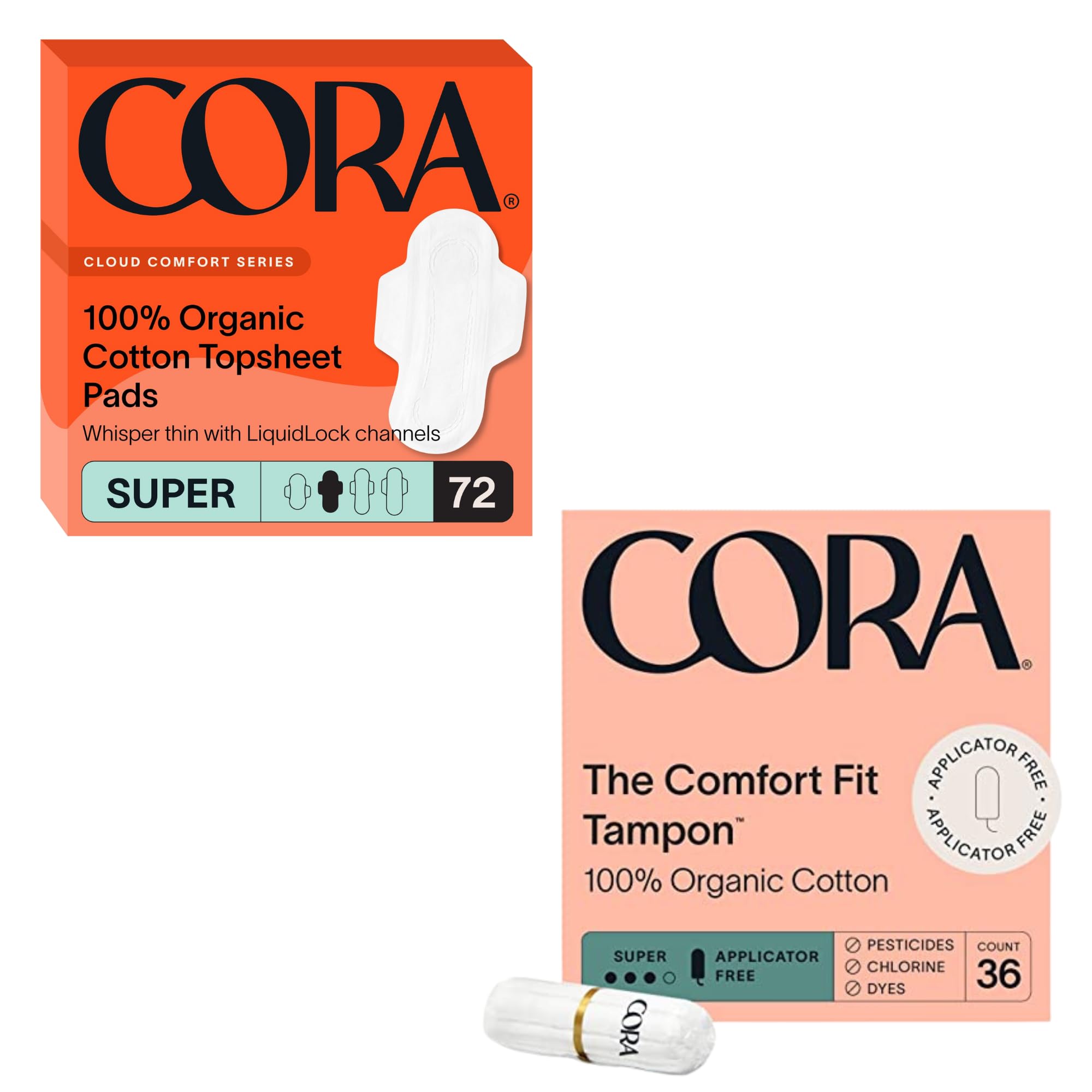 Cora Organic Feminine Care Super Absorbency Pads with Wings and Non-Applicator Tampon Pack Ultra-Absorbent Unscented Natural Non-Toxic 72