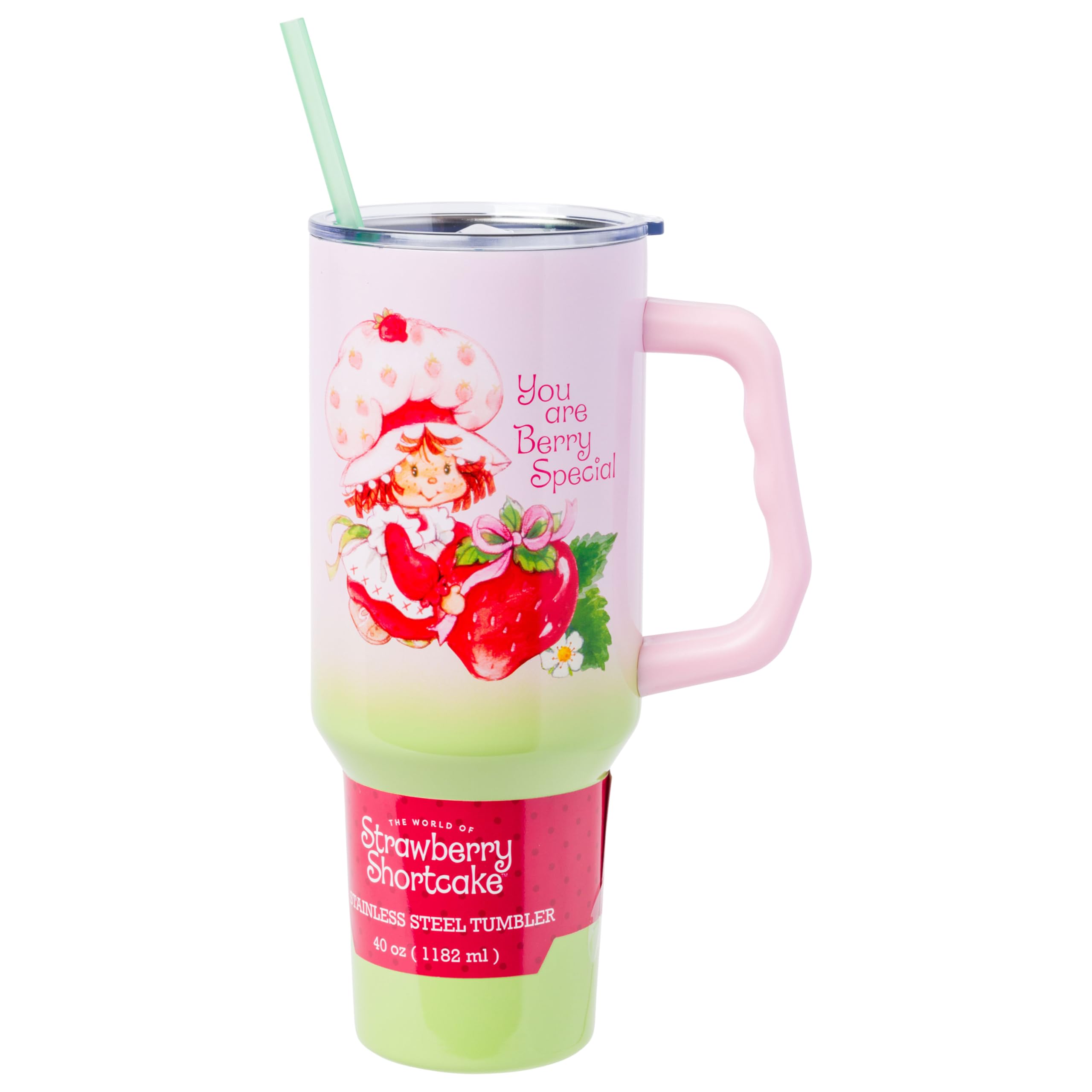 Silver Buffalo Strawberry Shortcake You are Berry Special Vintage Pink and Green Ombre Stainless Steel Tumbler with Handle and Straw, Fits in Standard Cup Holder, 40 Ounces