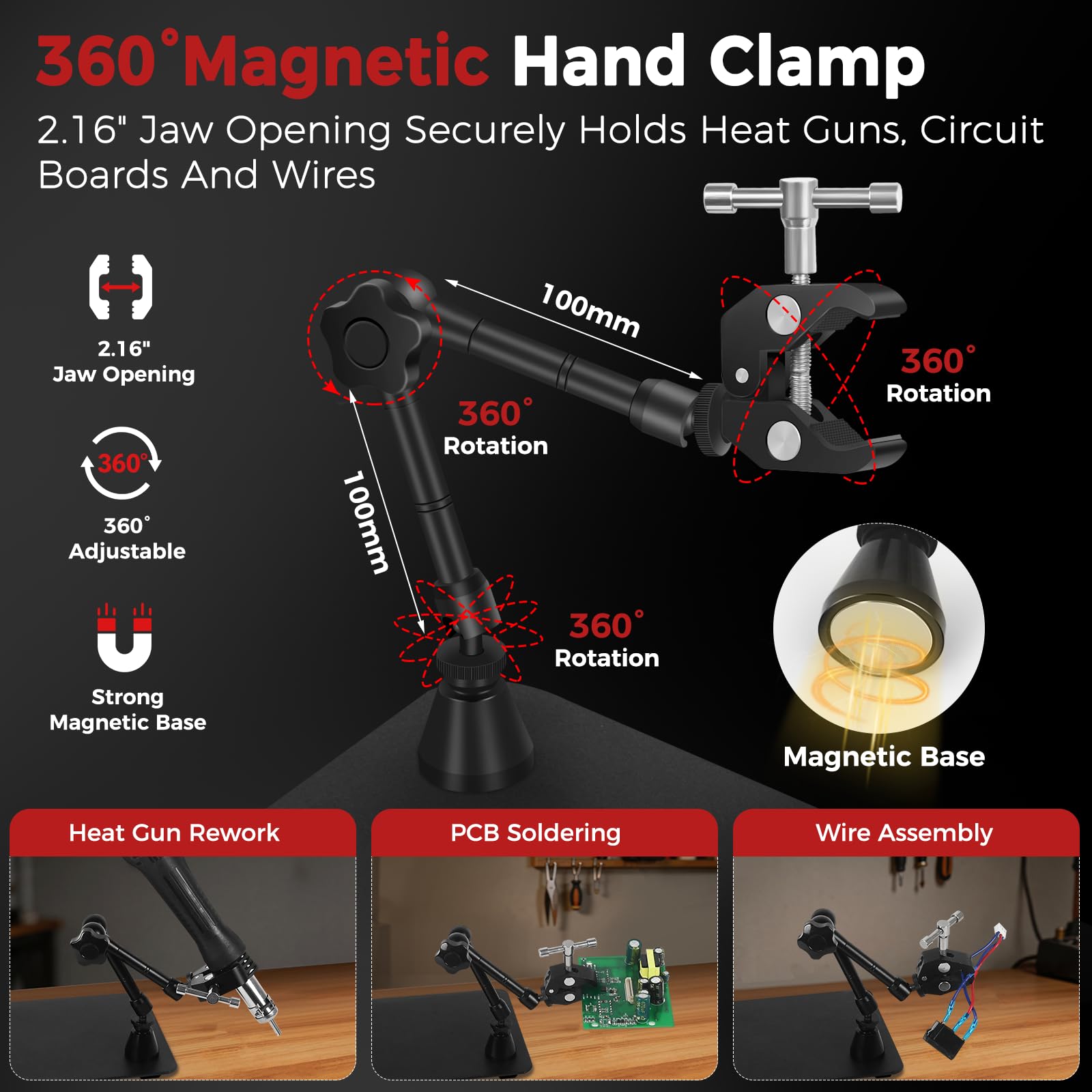 NOEVSBIG Stazione di saldatura Helping Hands con lampada di ingrandimento 5X, super morsetto a 360°, 4 morsetti a mano, bracci flessibili, strumento di terza mano per riparazione elettronica PCB fai